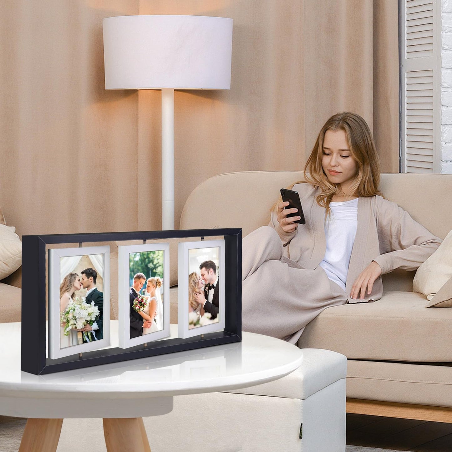 ZEEYUAN 4x6 Desk Picture Frame Rotating Double-Sided Picture Frame, 4x6 Tabletop Wooden Collage Family Pictures Frame for Office Desktop Home Decor, Holds 6 Photos, Black