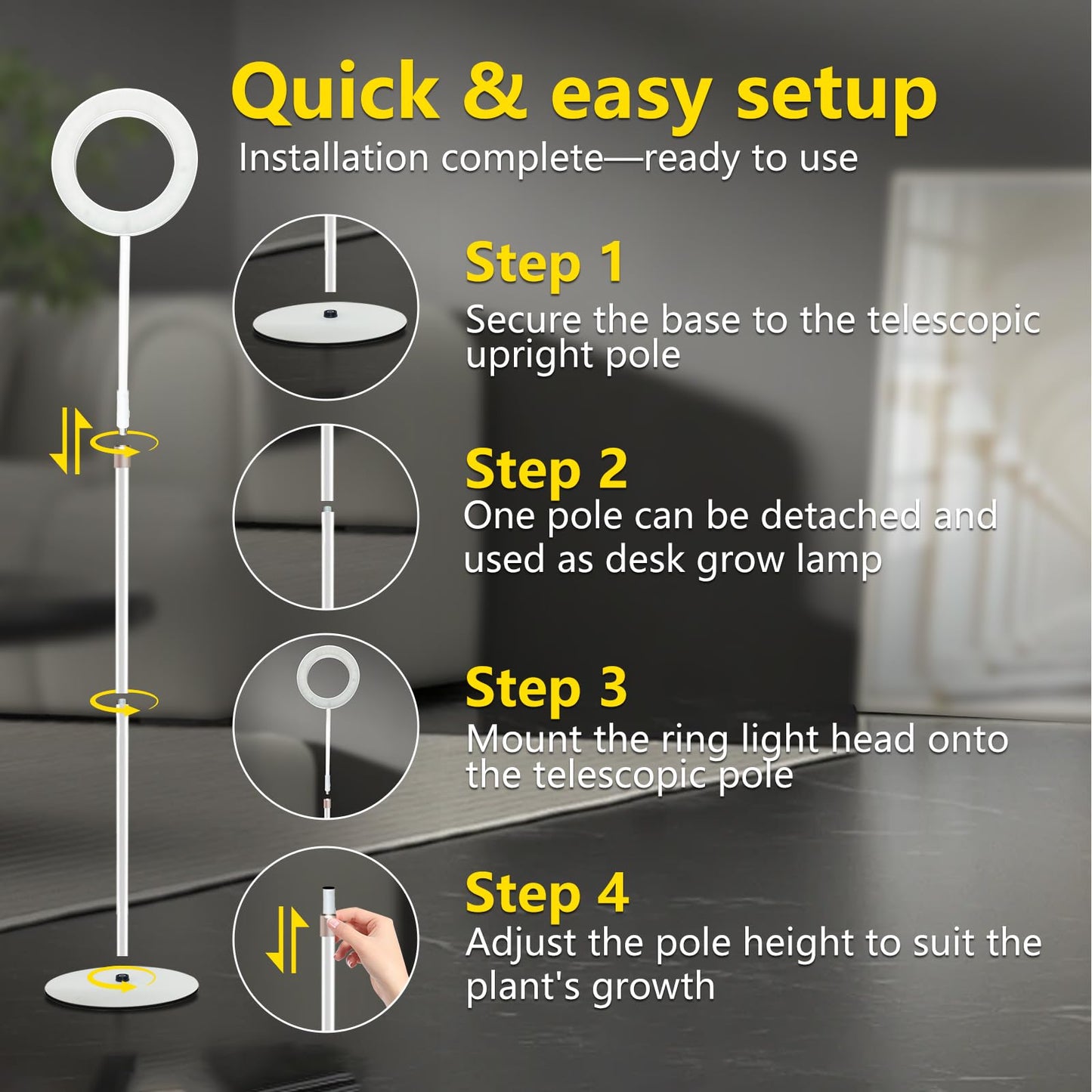 Floor Grow Lights for Indoor Full Spectrum Plant Lighting with Adjustable 67" Stand for Growing Large Tall Plants 3/9/12H Timer,3 Light Modes, 10 Dimming