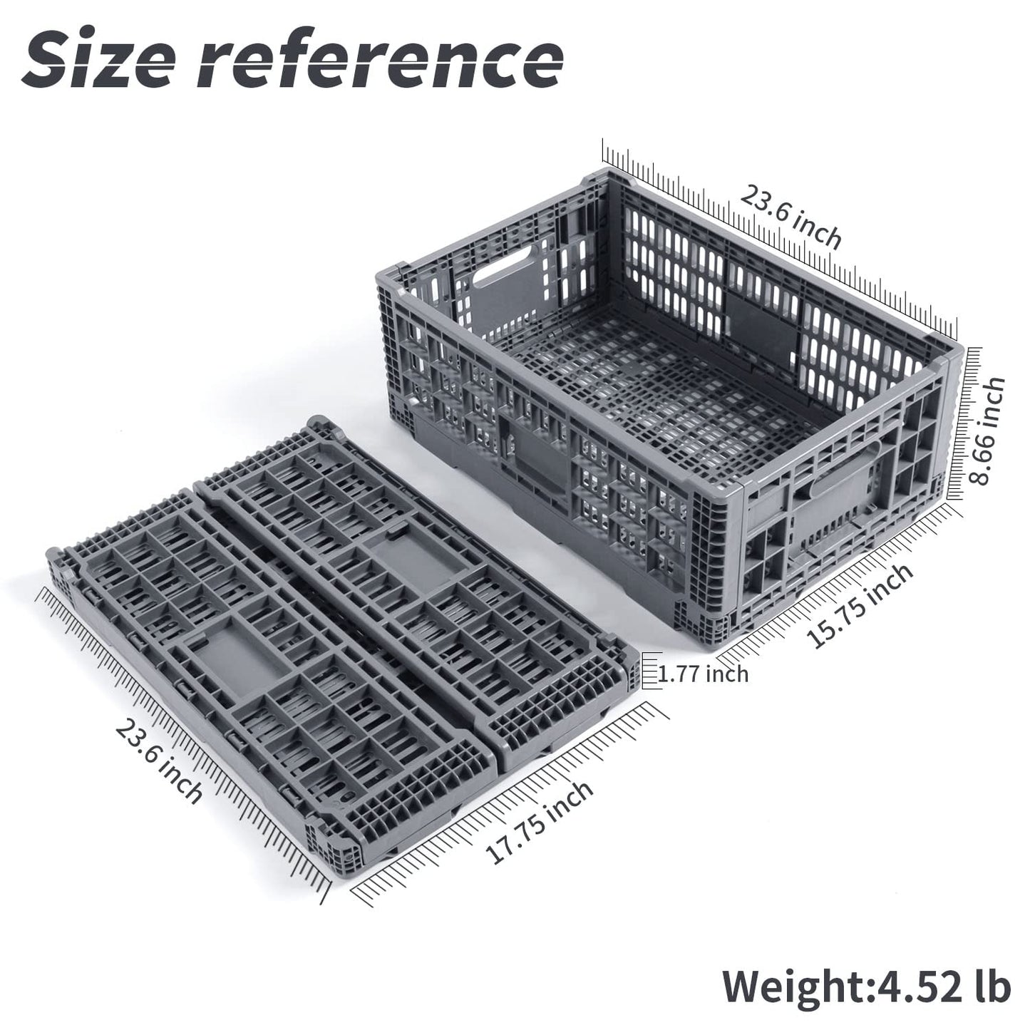 QTJH Collapsible Storage Bin/Containe， Transfer box,crate Transit storage of various items (Gray 23.6" L x 15.7" W x 8.6" H)