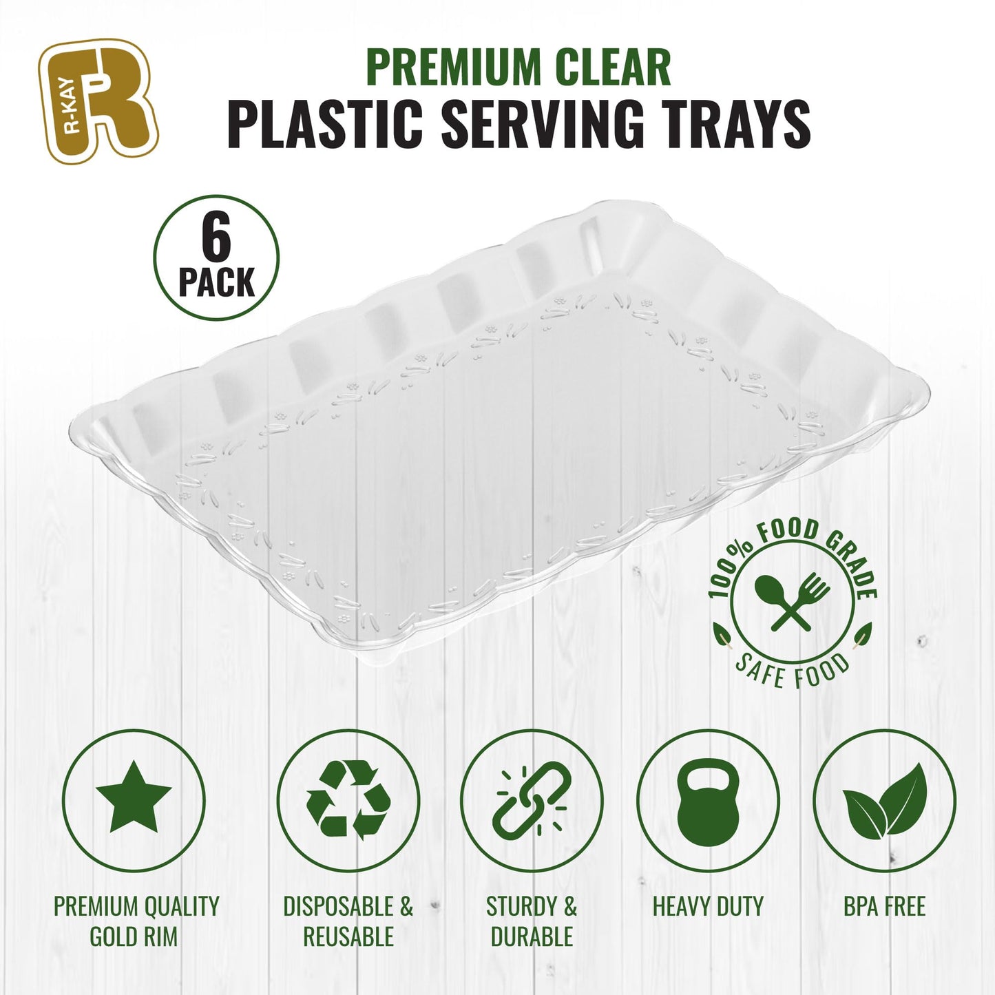 6 Pack Clear Plastic Serving Trays for Party, 9 x 13 Inch - Heavy Duty Plastic Trays for Food - Rectangular Party Serving Trays and Platters - Clear Disposable Trays