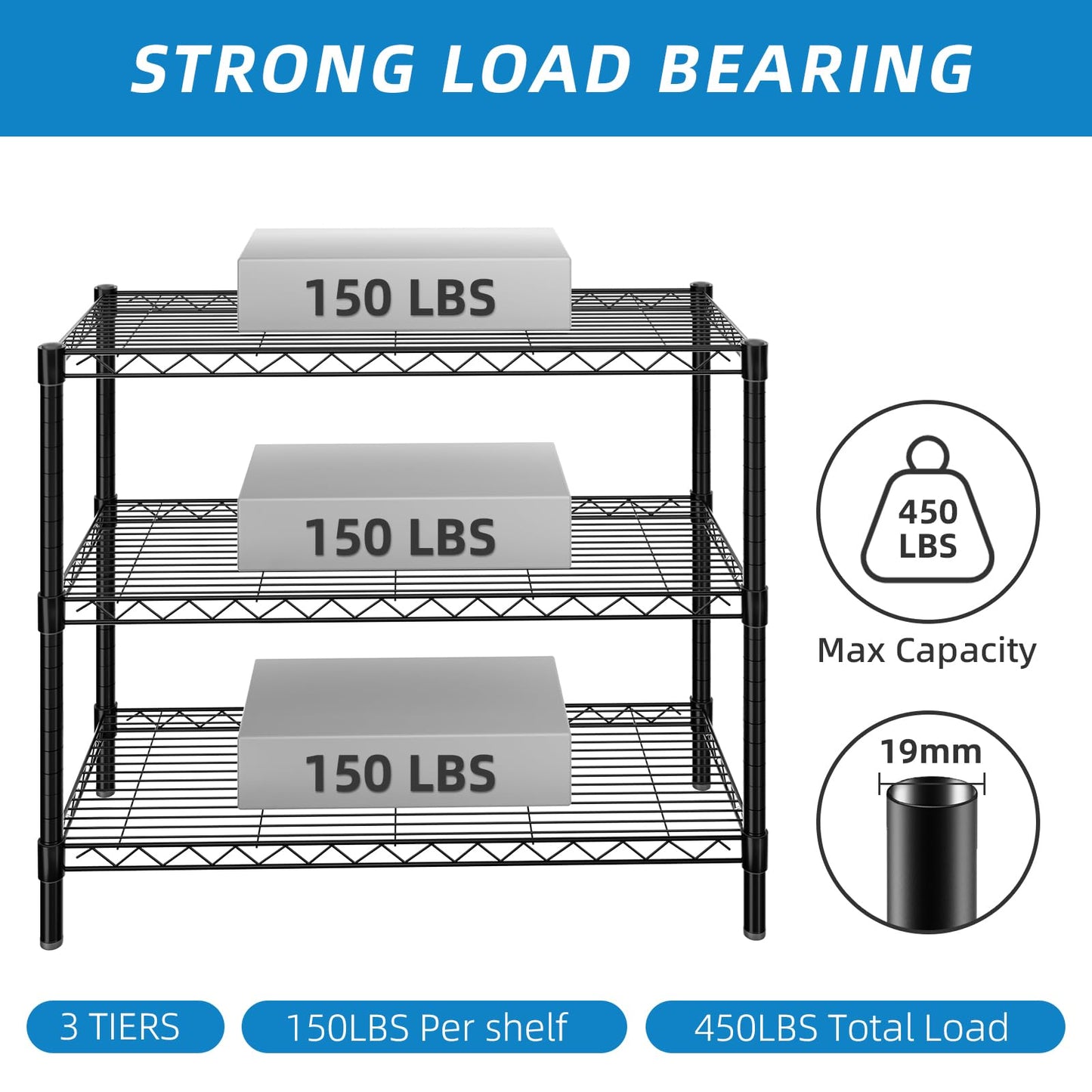 Guan River 3-Shelf Adjustable Metal Shelf Wire Shelving Unit Storage Rack Display Shelf for Office,Kitchen,Bedroom,Bathroom,Laundry,Pantry Basement,Garage(Black,36" L x 14" W x 30" H)