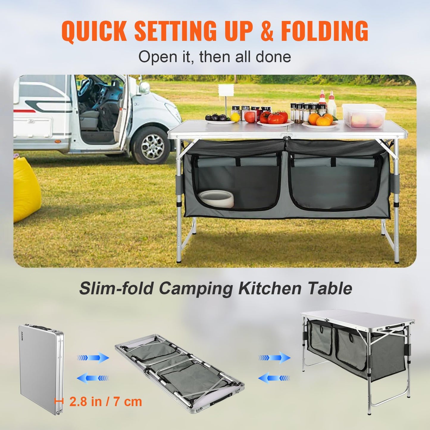 VEVOR Camping Kitchen Station, 3 Adjustable Height Folding Outdoor Camp Cooking Table with Storage Organizer, Quick Set-up for Patio BBQ Picnic Glamping Traveling