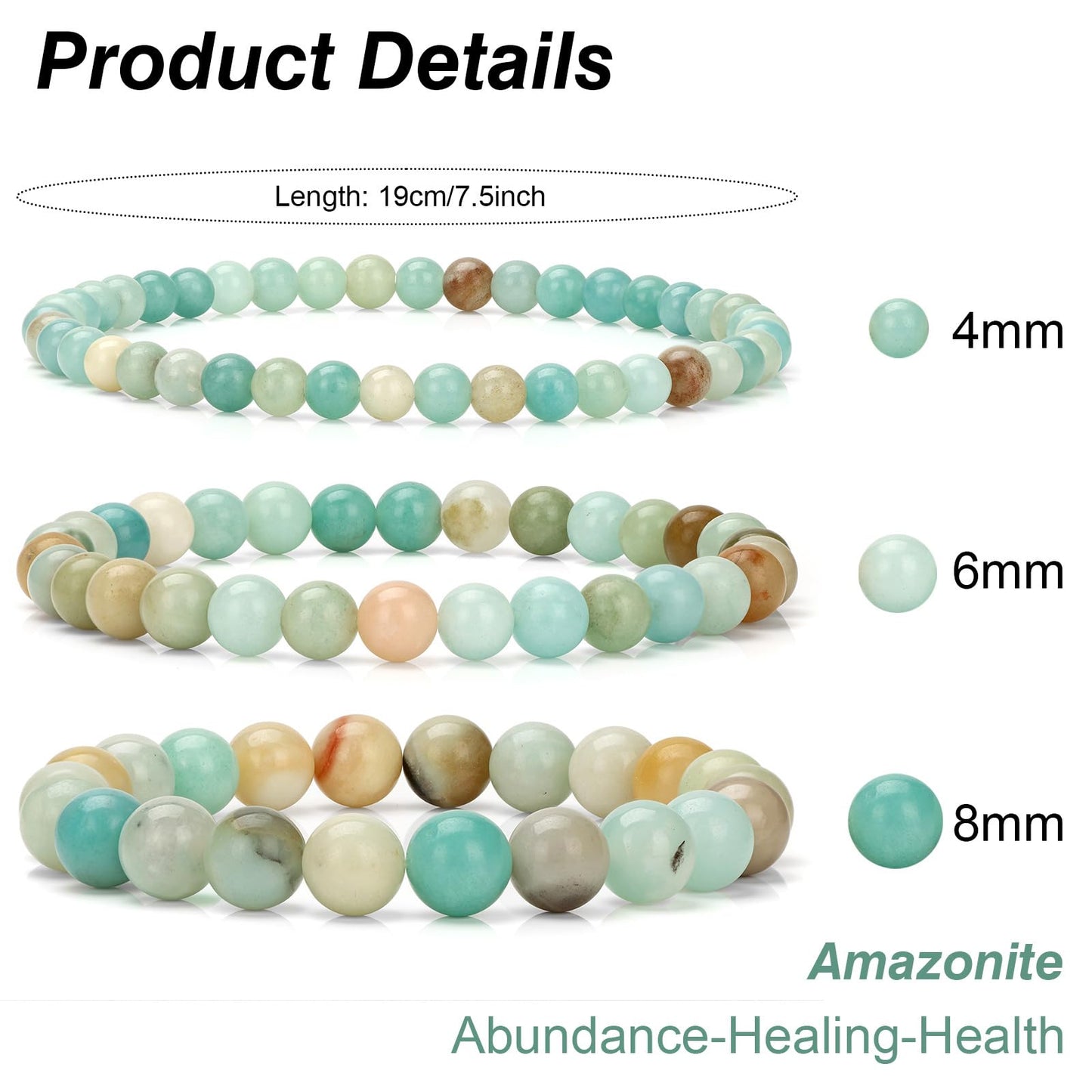 Bolinailo 3Pcs Natural Healing Crystal Bracelets for Women Men, 4mm 6mm 8mm Beaded Stretch Bracelet Set, Amazonite Natural Stone Gemstone Jewelry Gifts for Meditation, Reiki & Yoga