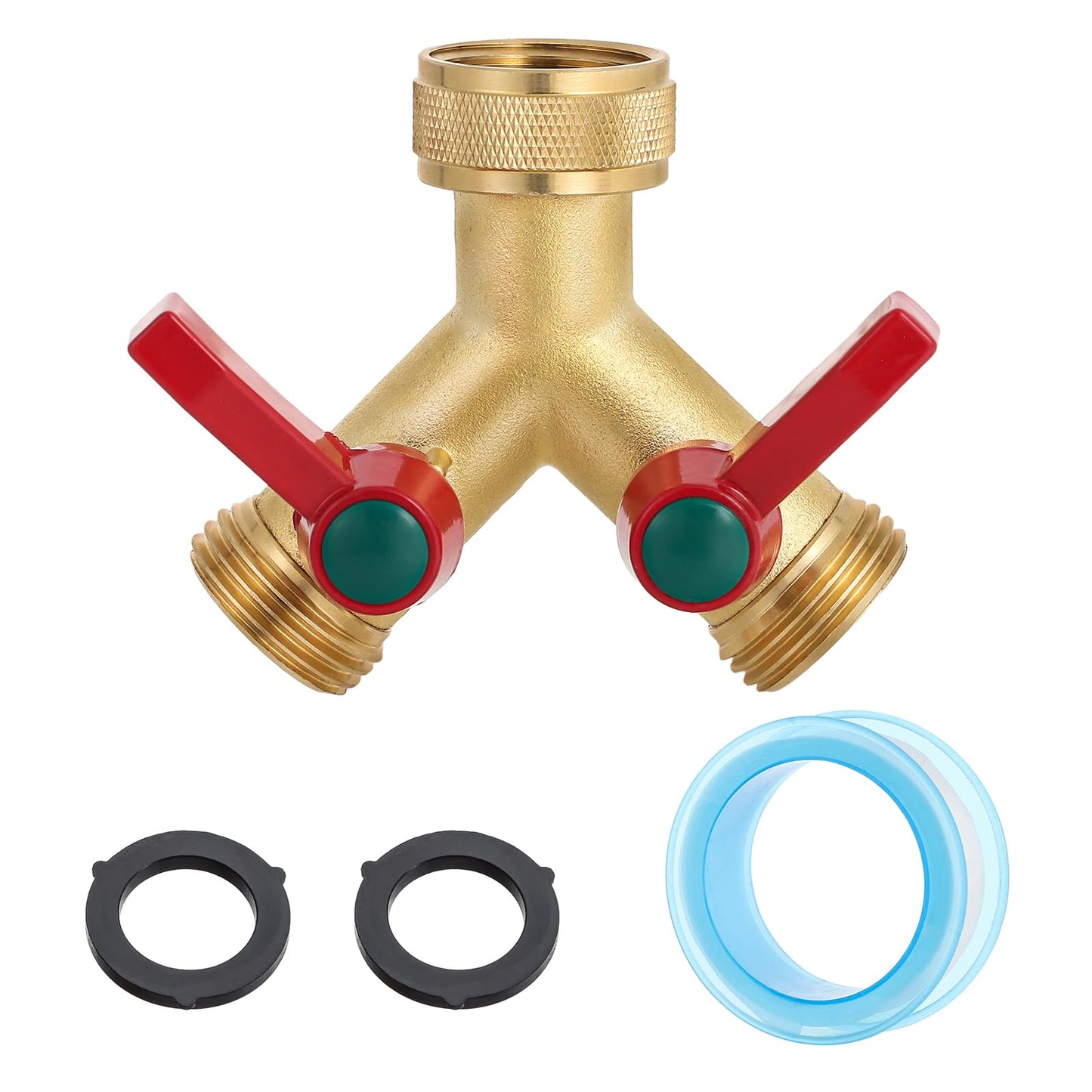 Brass Garden Hose Splitter, 2/3 Way Heavy Duty Outdoor Hose Splitter, 3/4" Hose Y Faucet Splitter with Leak Proof Tape and 2 Extra Rubber Gaskets for Regulating and Shutting Off Water Flow (2 WAY)