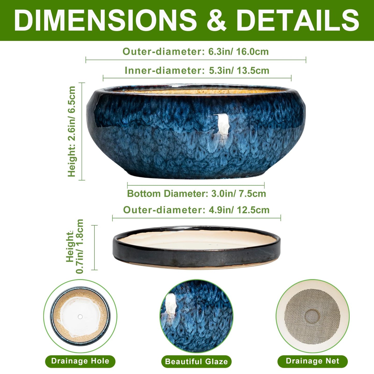 EPFamily Succulent Pots - 6 Inch Ceramic Bonsai Pots with Drainage Hole and Saucer, Shallow Planter for Indoor Outdoor, Round Succulent Planter, Cactus Pot, Office Decor, Gifts for Plant Lovers, Blue
