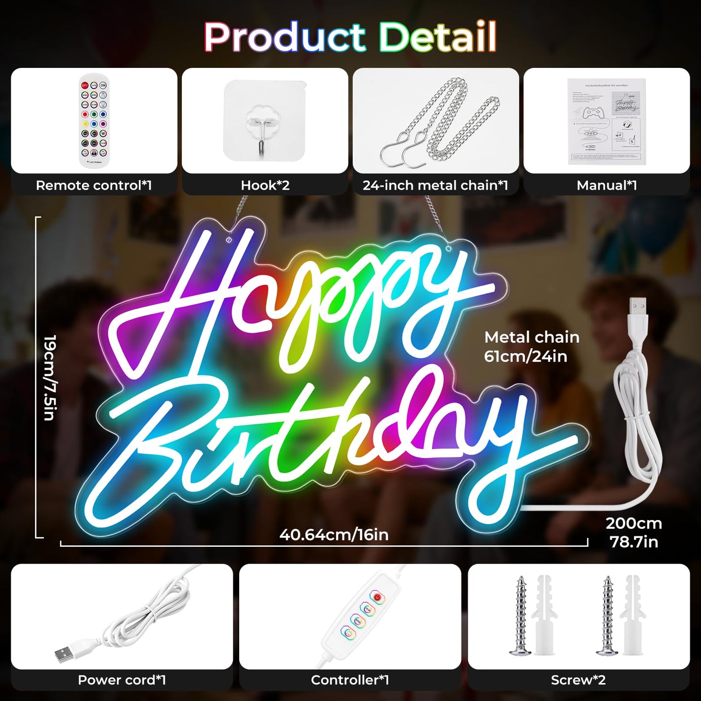 Happy Birthday Sign for Wall Decor, RGB Led Happy Birthday Neon Sign For Party And Remote Control, USB Powered Dimmable Neon Light.Corlorful Happy Birthday Light Up Sign.