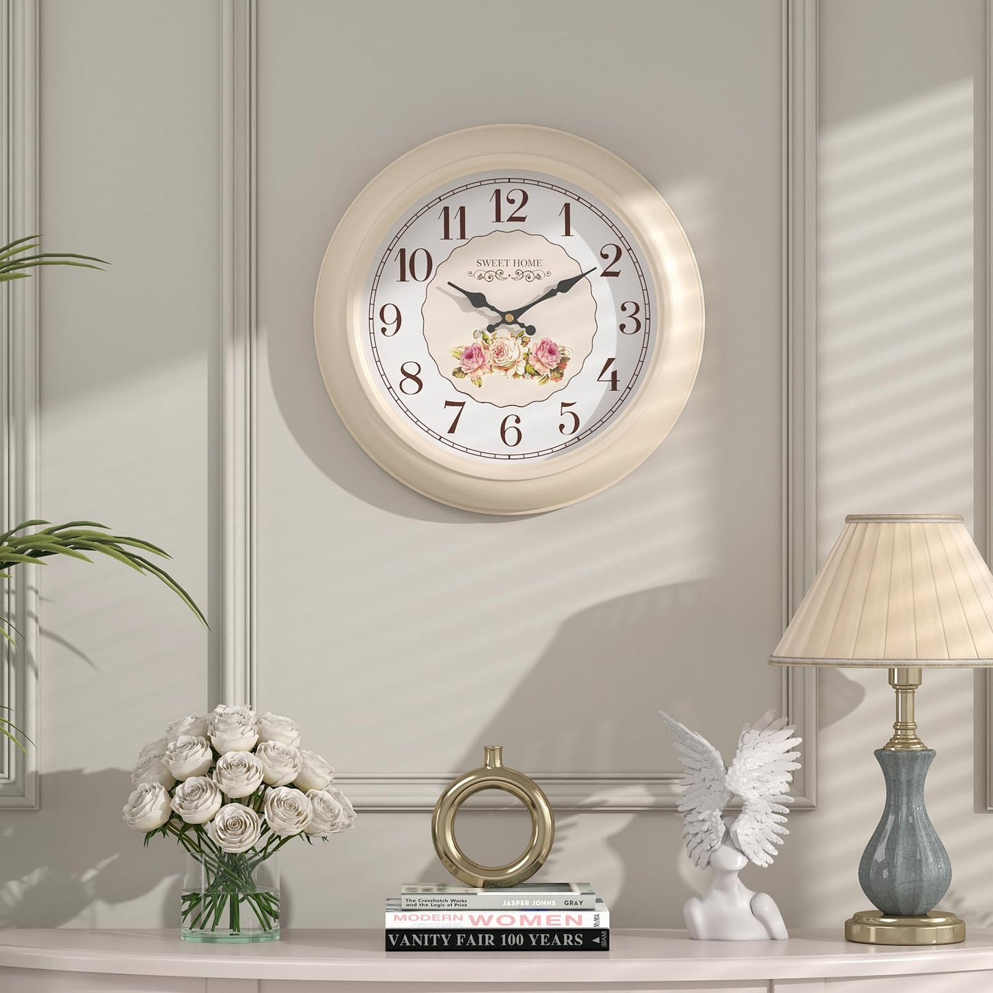 Abdurey Sweet French Rose Style Wall Clock, Battery Operated Silent, Creamy White Decorative Wall Clocks for Living Room, Farmhouse, Bedroom, Bathroom, Dining Room 11.5"