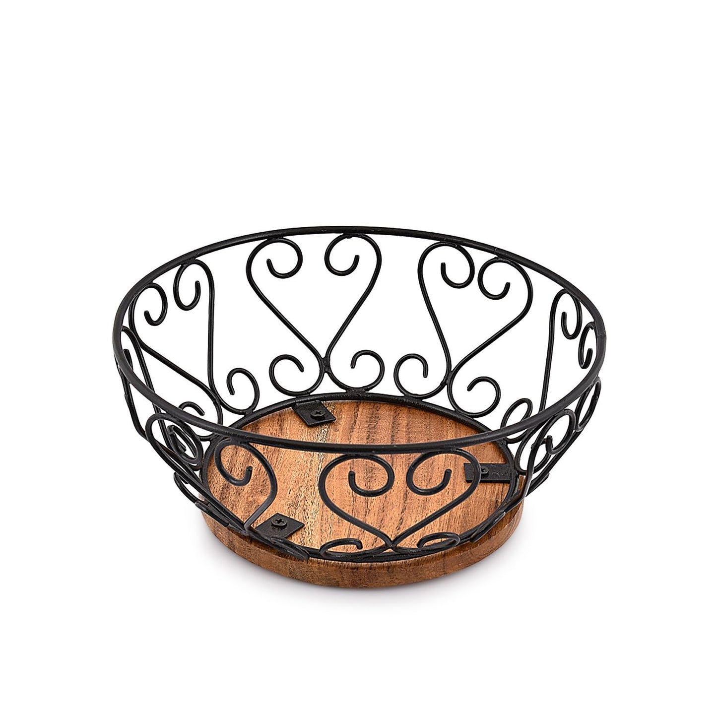 EDHAS Iron Fruit Bowl With Wooden Base for Kitchen Countertop & Dining Room and Pantries (9" x 9" x 4")