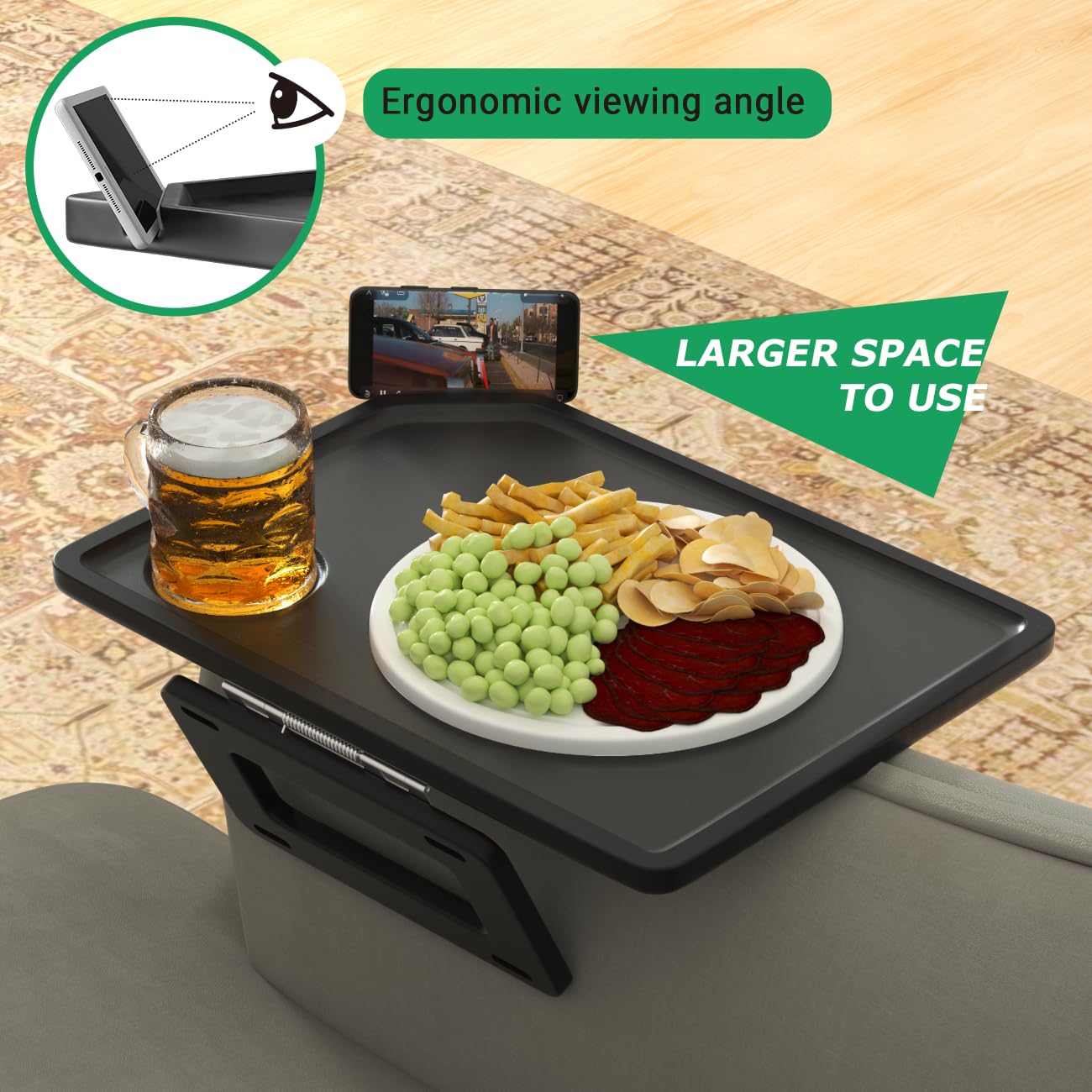 Smatdecis Couch Arm Tray Table Sofa Arm Clip Table, Armrest Tray Table Suitable for Home Drinks/Fast Food/Fruit Etc, Large Size Multi-Function Black