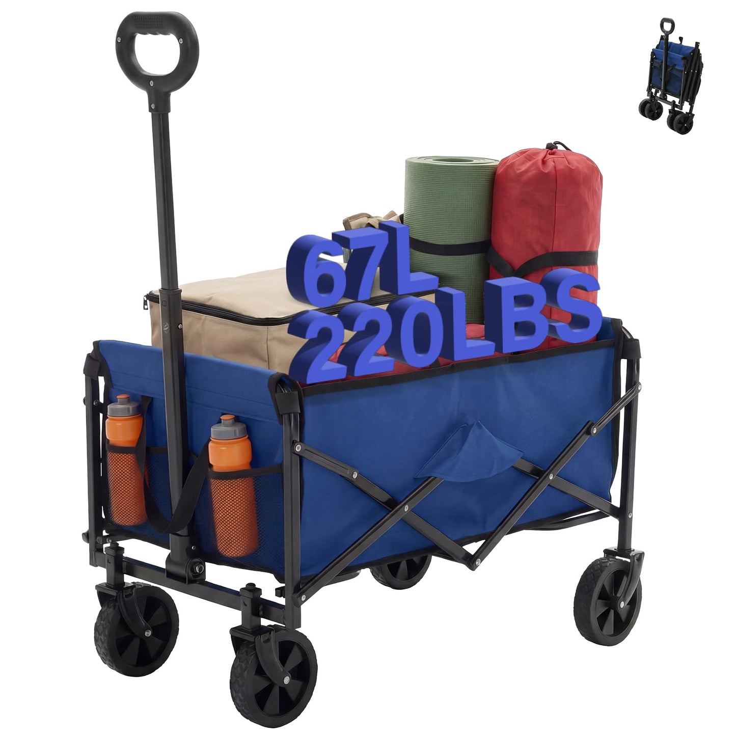 NEWBULIG Collapsible Wagon Cart, 67L Compact, Lightweight & Portable Heavy Duty Pull Cart with Wheels, 220 lbs Capacity, Adjustable Handle for Beach, Sports, Camping, Shopping & Garden, Blue