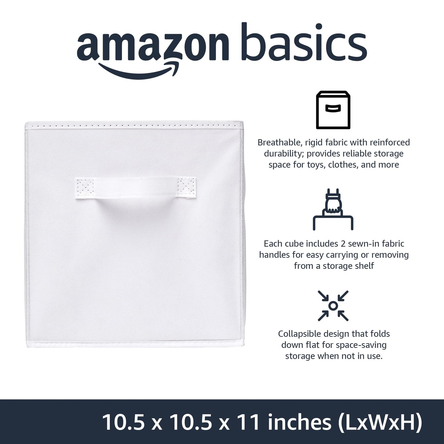 Amazon Basics Collapsible Fabric Storage Cubes Organizer with Handles, Sturdy Storage Bins, White, 10.5-x-10.5-x-11-inch, 6-Pack