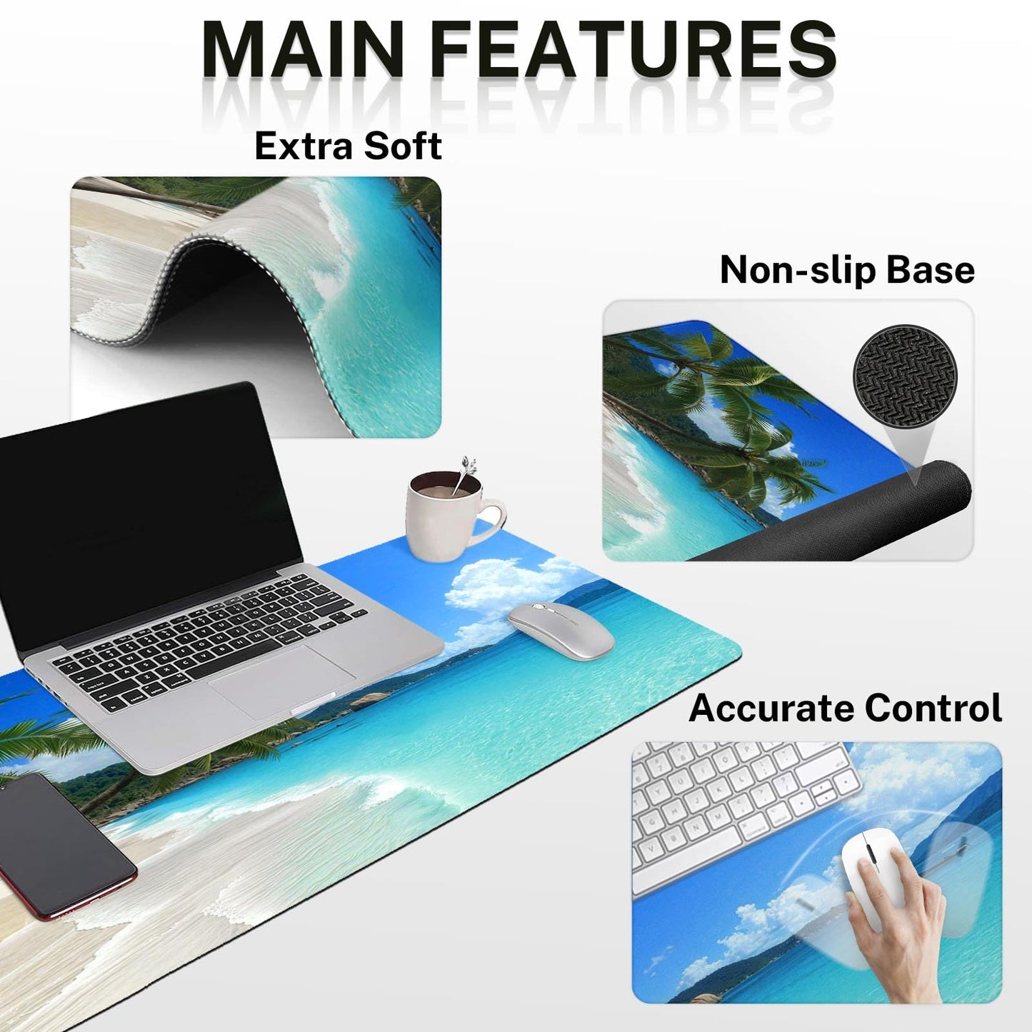 Arttown Tropical Sunshine Beach Desk Mat Summer Ocean Mouse Pad Set 4 in 1 Ergonomic Design Large Desk Pad + Keyboard Wrist Rest + Mouse Wrist Rest + Coaster Suitable for Home Office Study Game