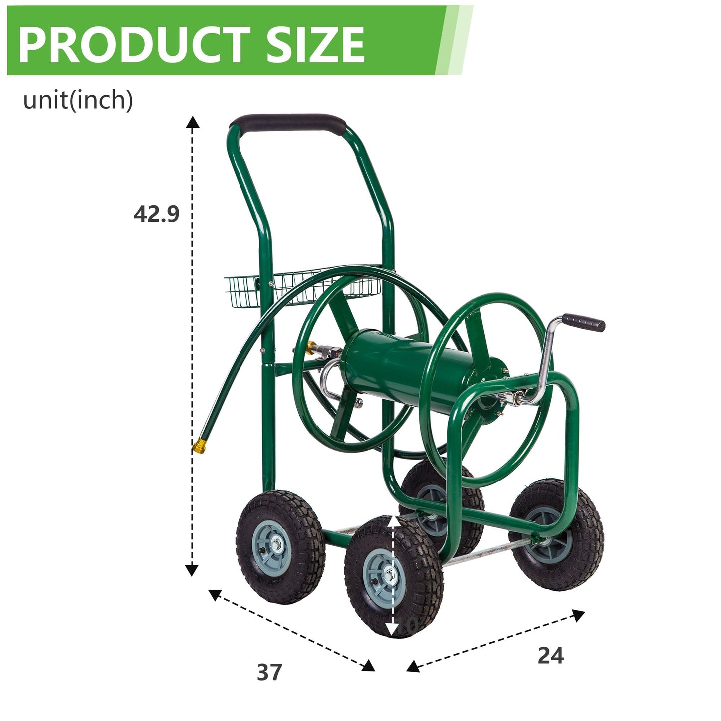 FDW Garden Hose Reel Cart, Water Hose Cart with 4 Wheels, Hold Up to 300 ft of 5/8’’ Hose，Heavy Duty Powder-Coated Steel Planting with Storage Basket, for Garden, Yard and Lawn
