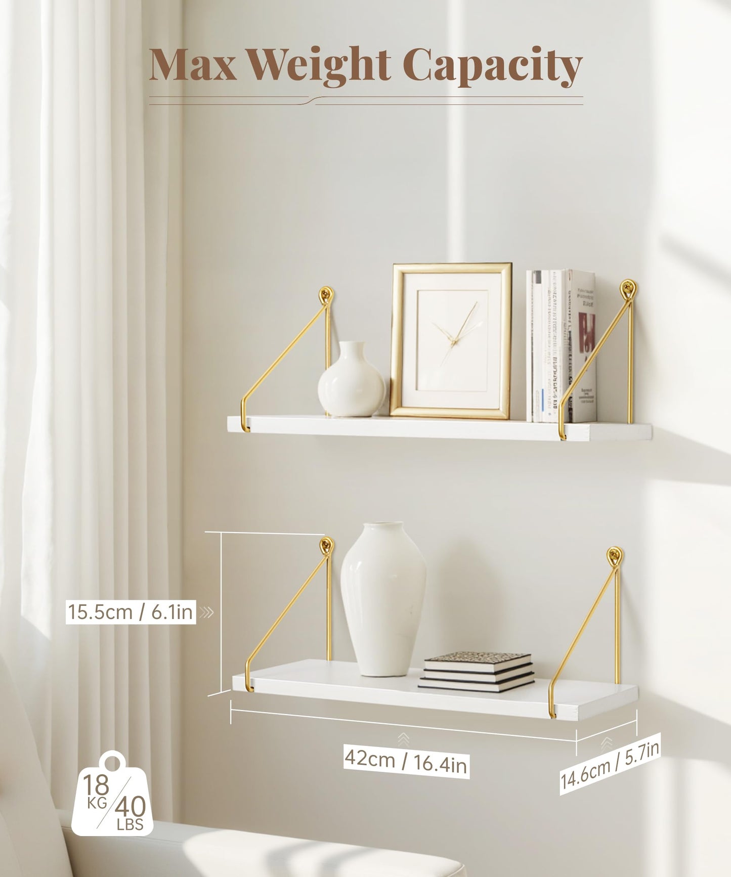 Afuly Floating Shelves for Wall, Metallic Gold White Wall Mounted Shelves, Shelves for Bathroom Kitchen Bedroom Solid Wood Metal Chic Bookshelf, Set of 2