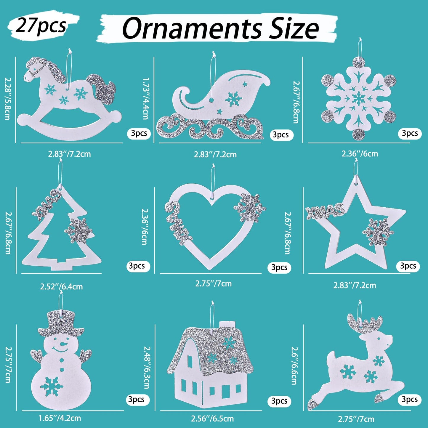 27Pcs Pieces Christmas Wooden Tree Decorations, White Silver Hanging Ornaments Set, Winter Holiday Party Snowflake Elk Snowman Decor Crafts for Xmas Wonderland Home Door Wall Window Box (White Silver)