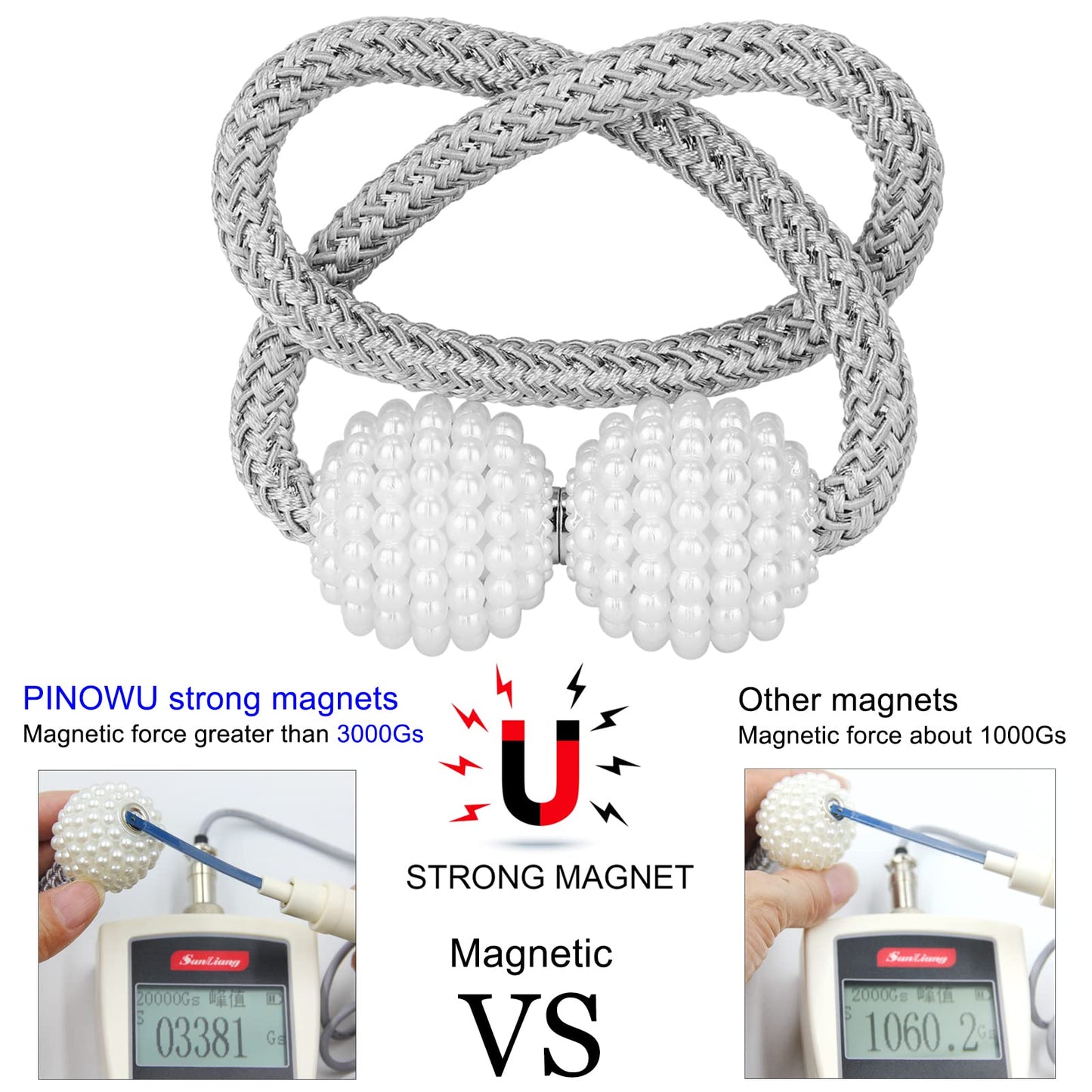 Pinowu [2 Pack] Magnetic Curtain Tiebacks Convenient Drape Tie Backs,Pearl Decorative Rope Holdback Holder for Small, Thin or Sheer Window Drapries (Gray)…