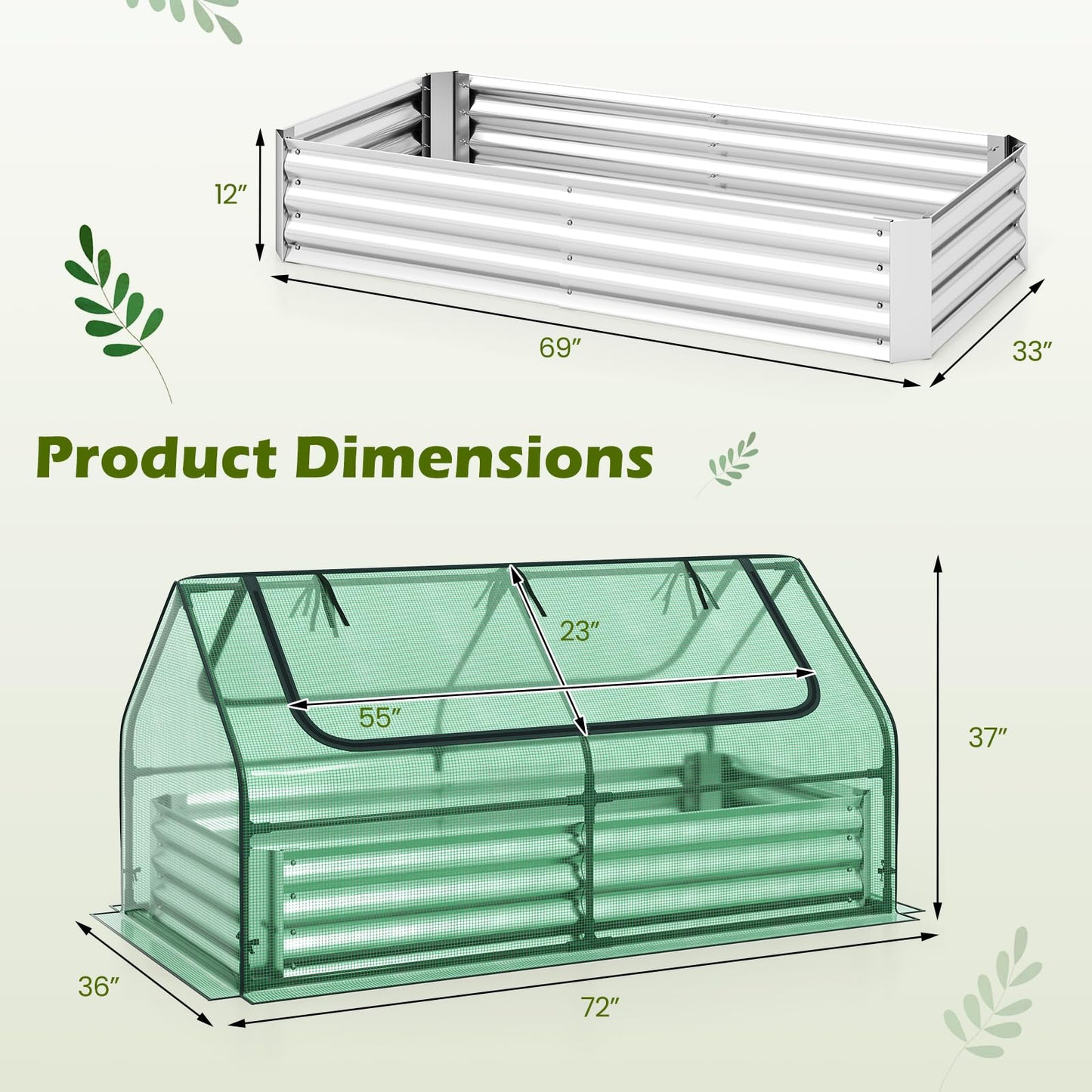 SAFSTAR Raised Garden Bed with Cover, 6FT x 3FT x 3FT Galvanized Bottomless Garden Bed with Greenhouse, Dual 2-Tier Roll-Up Windows, Outdoor Metal Planter Box Kit with Cover (Green)