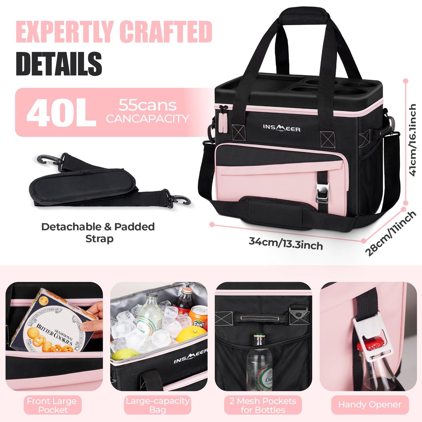 INSMEER Soft Cooler Bag with Hard Shell & 4 Cup Holders, 55 Cans 40L Collapsible Soft Sided Cooler, 100% Leakproof Insulated Cooler Bag Portable for Beach Travel Camping Picnic