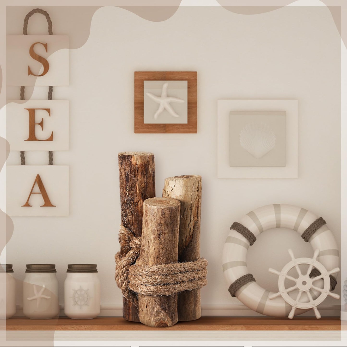 Threehoney Brown 3 Pcs Driftwood Decor Rustic Table Sign Beach Driftwood Piling Farmhouse Coastal Nautical Centerpieces Tables Coastal Decor for Fish Tanks Summer Christmas Kitchen Dining Decoration