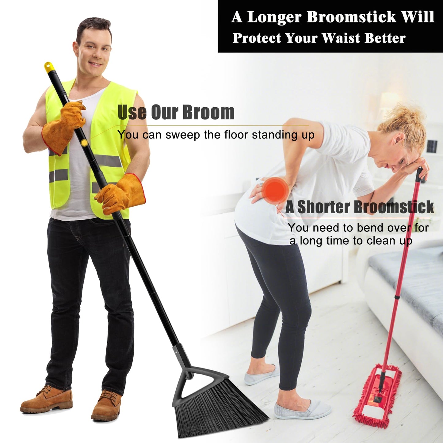 PUTNATRUE Heavy Duty Broom Outdoor Indoor, Upgraded Commercial Angle Brooms, Black Broom for Sweeping House, Restaurant, Kitchen, Garage, Courtyard
