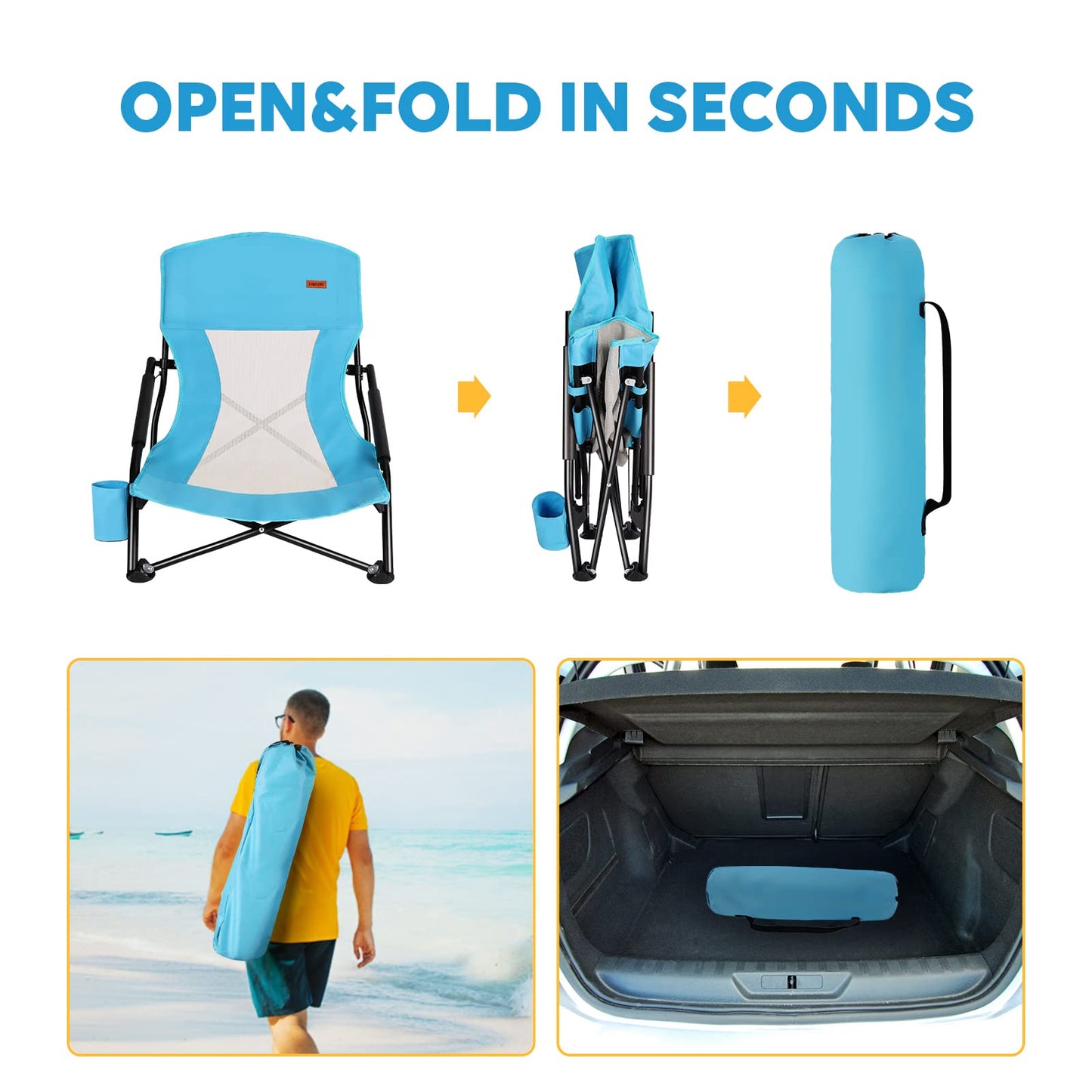 TOBTOS Low Beach Chair for Adults 2 Pack, Low Profile Folding with Cup Holder & Carry Bag, Heavy Duty Chair for Outdoor Sand, Camping, Concert, Travel