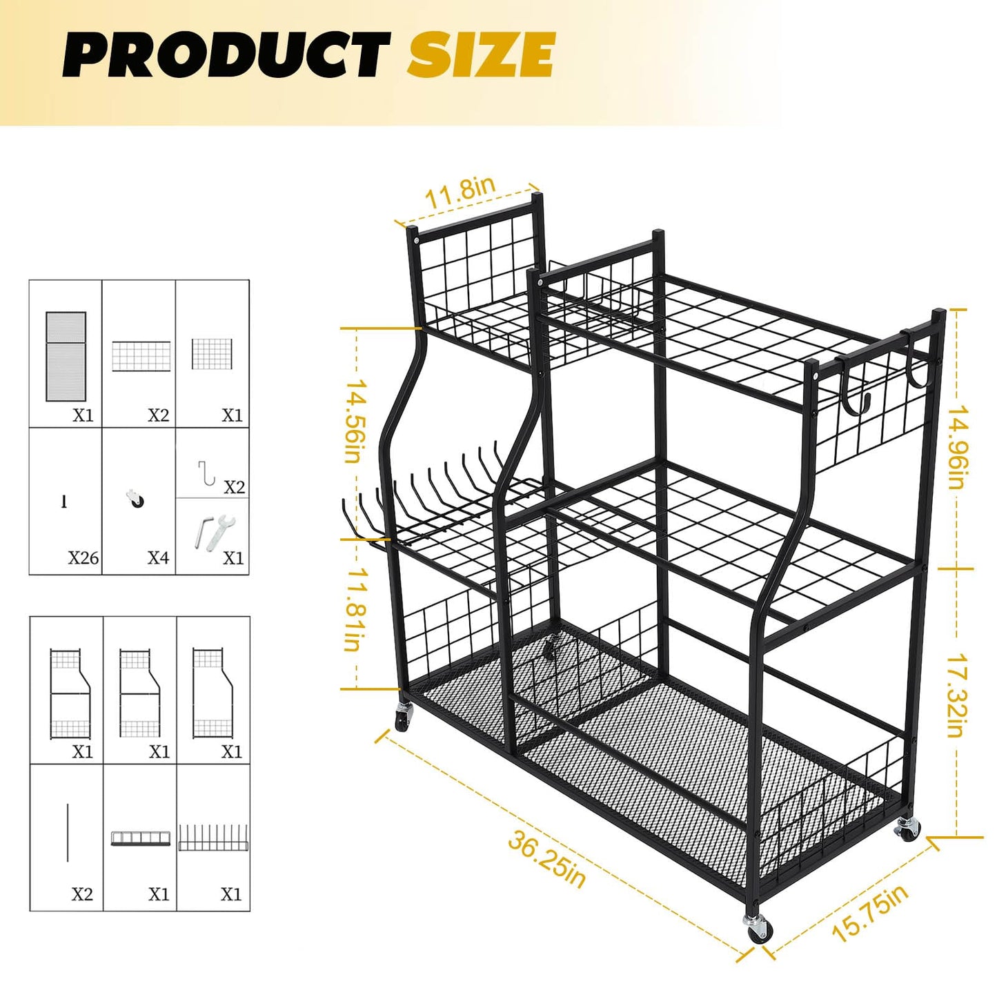 Garden Tool Organizer Rolling Cart Large Capacity Rust-Resistant Metal Tool Cart with Wheels Hooks Garage Shed Yard Outdoor Storage Rack Suitable for Long-Handled Tools/Rakes/Shovels