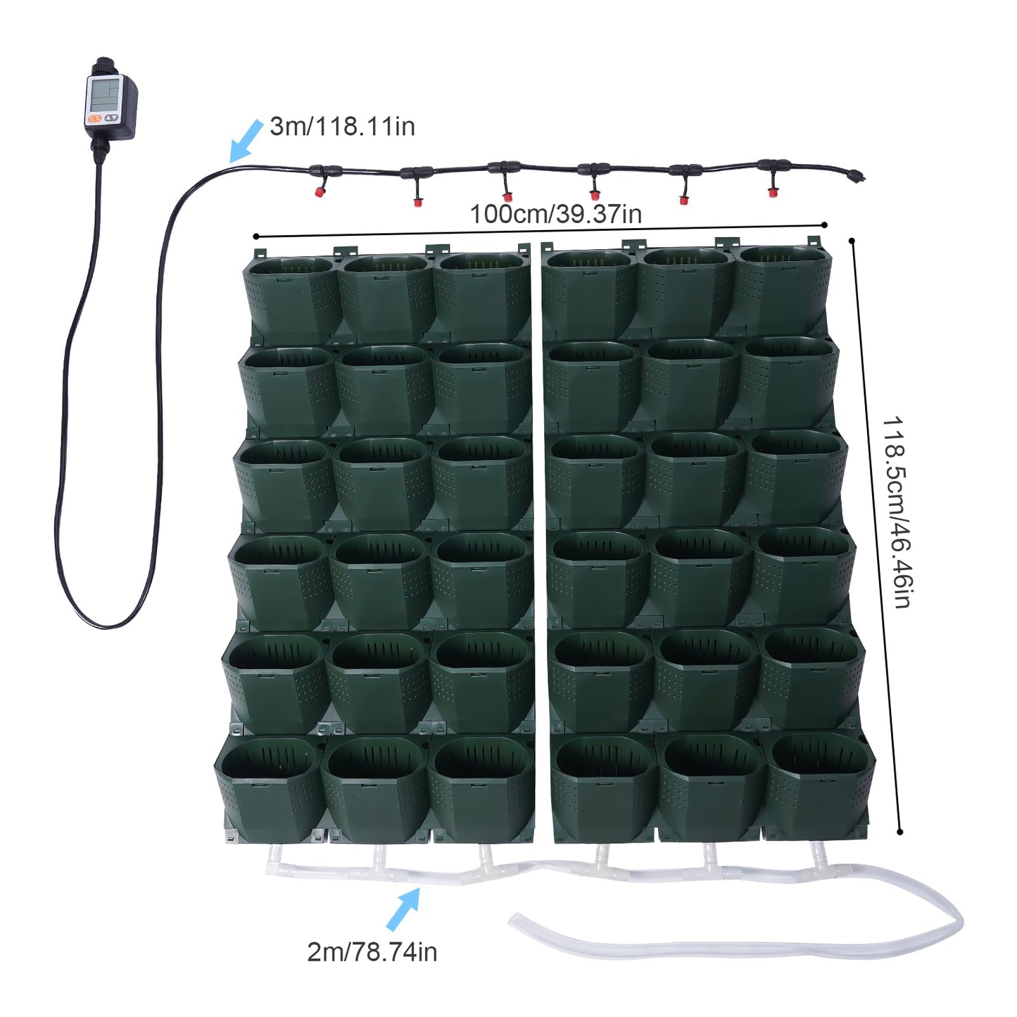 WANLECY Self-Watering Wall-Mounted Planter with Drip System and Timer Indoor/Outdoor Decor, Vertical Wall Planter with 36 Pots for Herbs Vegetables Fruits (Dark Green)