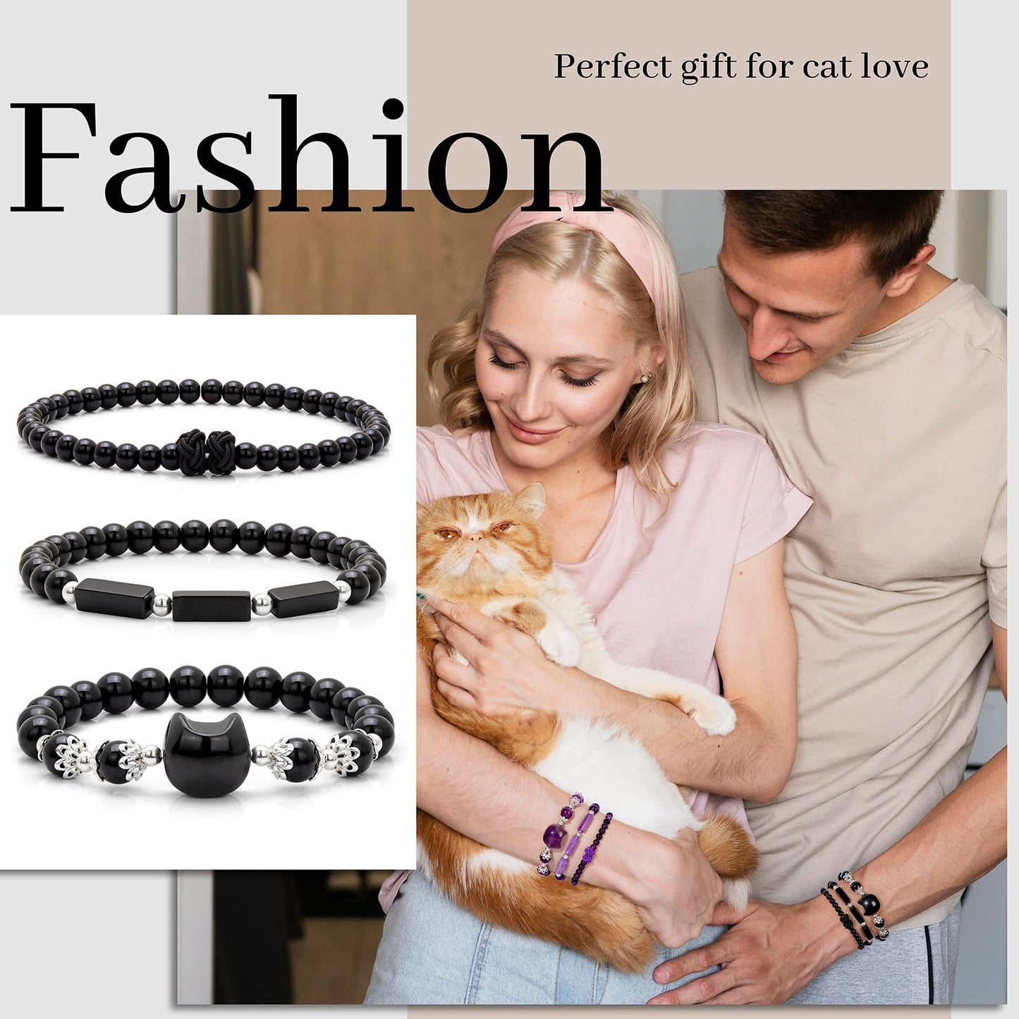 Pendlixy 3Pcs Money Attraction Cat Bracelet - Black Obsidian Women Bracelets -Wealth Prosperity Abundance Stone Bead Bracelet,Crystal Spiritual Cute Protection Stretch Bracelet,Good Luck Feng Shui Bracelets For Women Gifts