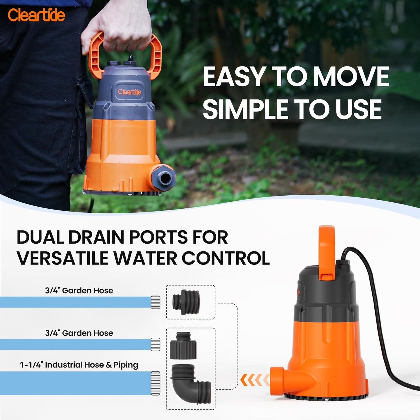 Cleartide Utility Pump, 8160 LPH Submersible Water Pump for Pool Draining, Hot Tub, Basement, 100% Copper Motor, Electric Drain Pump Handles 1/8" Solids, 10 FT Cord