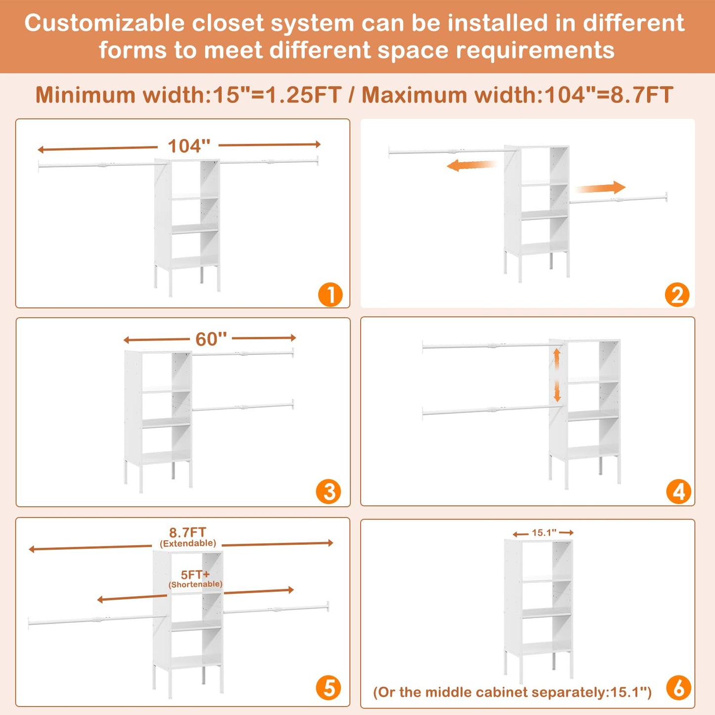 Small Closet System with Shelves, 5FT-8FT Closet Organizer System, Wooden Shelves for Closet with 2 Hanging Rods, Walk-in Closet Organizer, Adjustable Wardrobe Clothes Rack, Garment Rack, Pure White