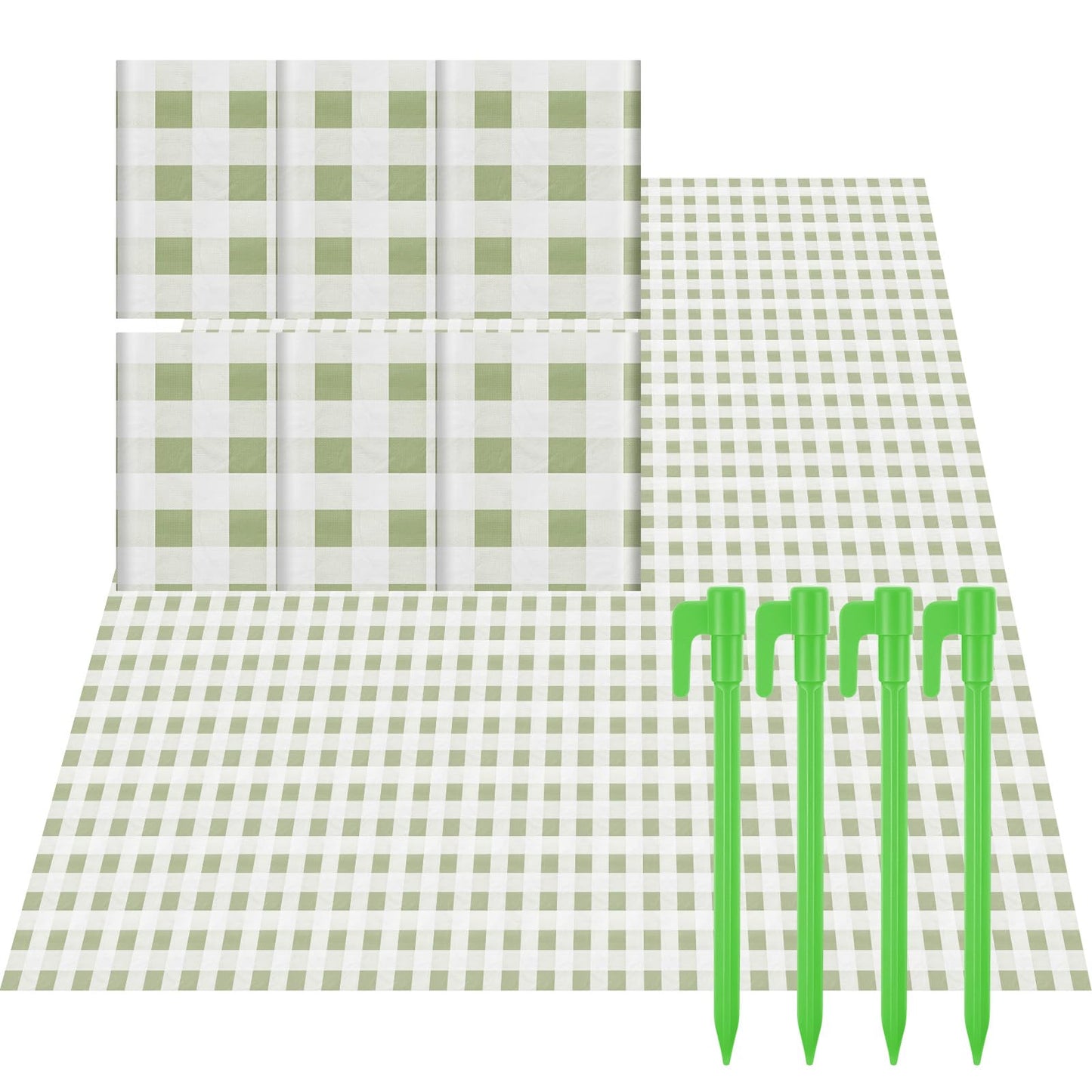 HunnmingRe 6 Pcs Disposable Outdoor Picnic Blankets 71''x71'' Thicken Foldable Waterproof Picnic Mats Gingham Oil Proof Camping Blankets with 4 Ground Spikes Beach Travel Hiking(Green and White)