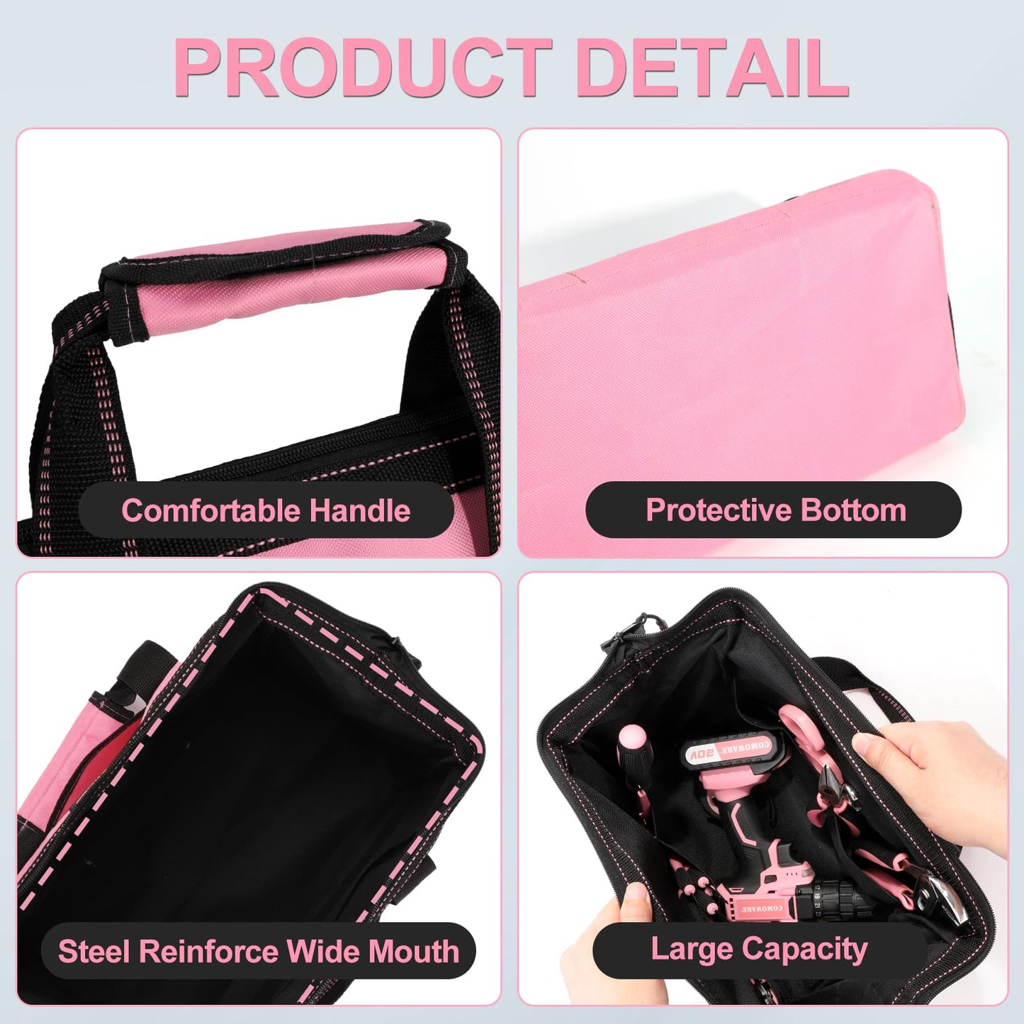 COMOWARE 13-Inch Tool Bag, Pink Soft Storage Bags with Inside Pockets, Wide Mouth Pink Tool Tote Bag