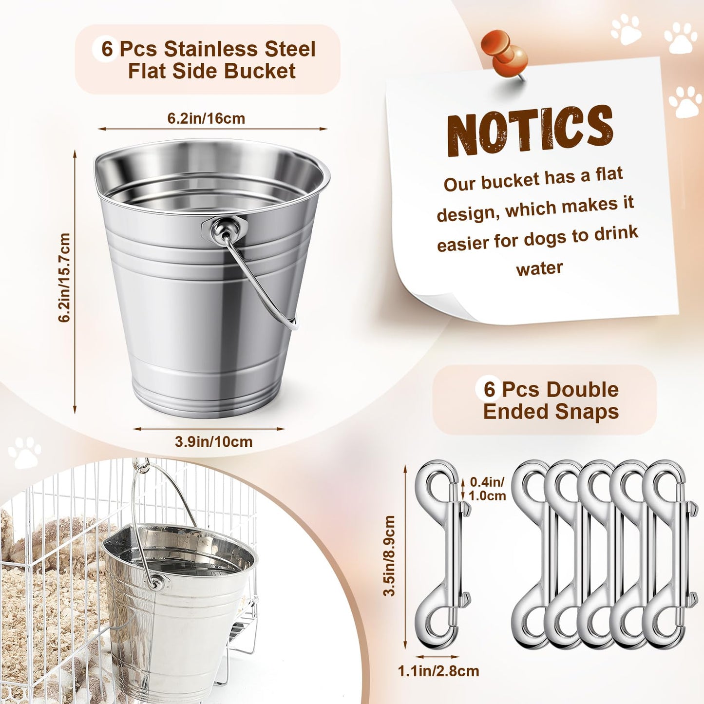 Mumufy 6 Set 2 Quart Stainless Steel Flat Side Bucket Durable Water Pails with Double Ended Snaps Small Metal Bucket Flat Back Water Pails for Dogs Cats Kennels Cages Fences Pet Container