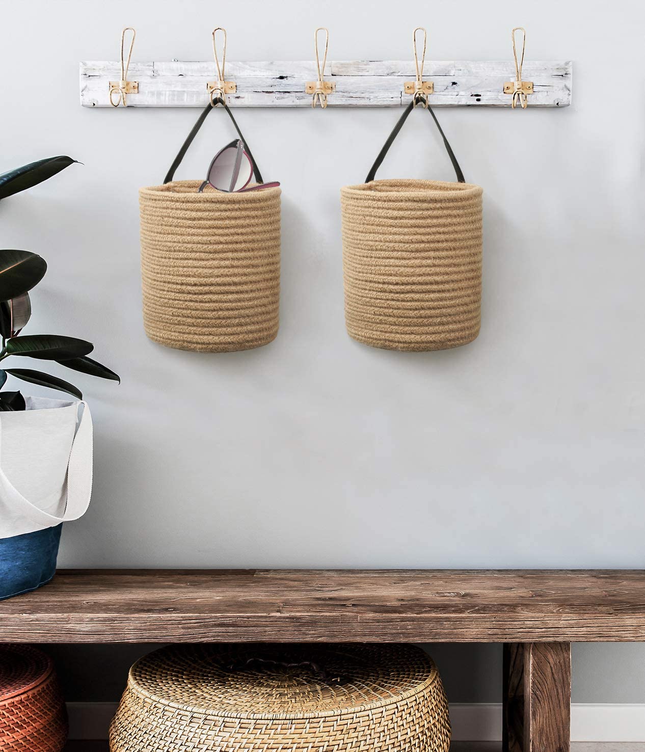 Goodpick 2pack Jute Hanging Basket - Small Woven Fern Hanging Rope Basket Flower Plants Wall Basket Decor Set Boho, 7.87 x 7 x 11.7 inches