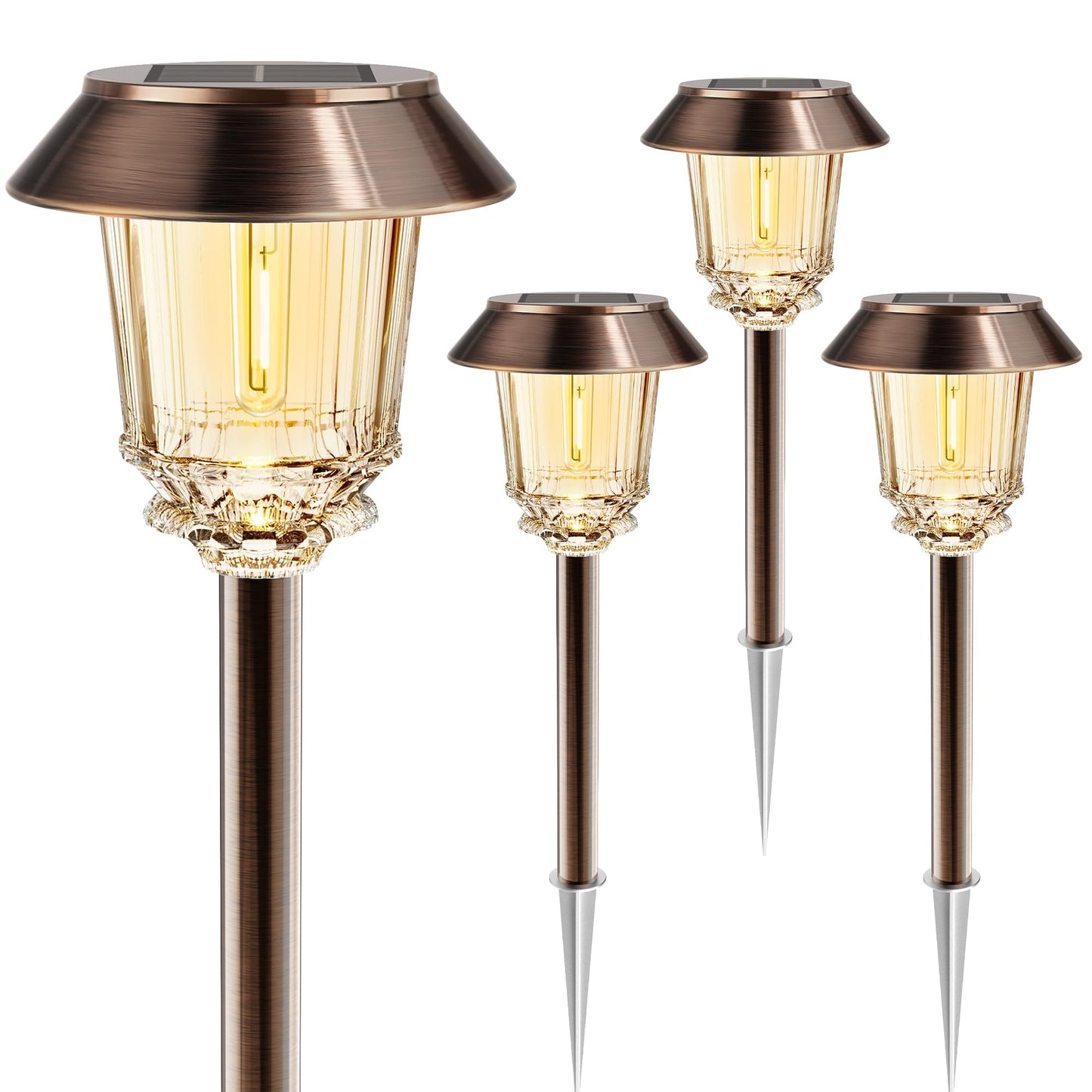 HMDecor Solar Lights Outdoor Waterproof,4 Pack Bronze Pathway Lights with 10-40 LM Dimmable Glass and Metal, Solar Powered Garden Fall Decor for Yard,Patio,Pathway,Driveway(Warm White)