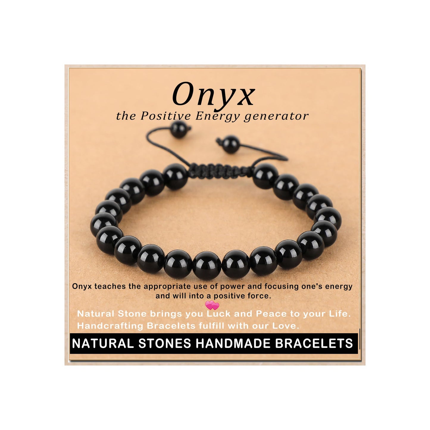 AD Beads 8mm Onyx Bracelet - Stone of the Positive Energy generator - Handmade Natural Stone Crystal Bracelet with Adjustable Macrame String - Yoga Healing Power Energy Gifts for Men and Women