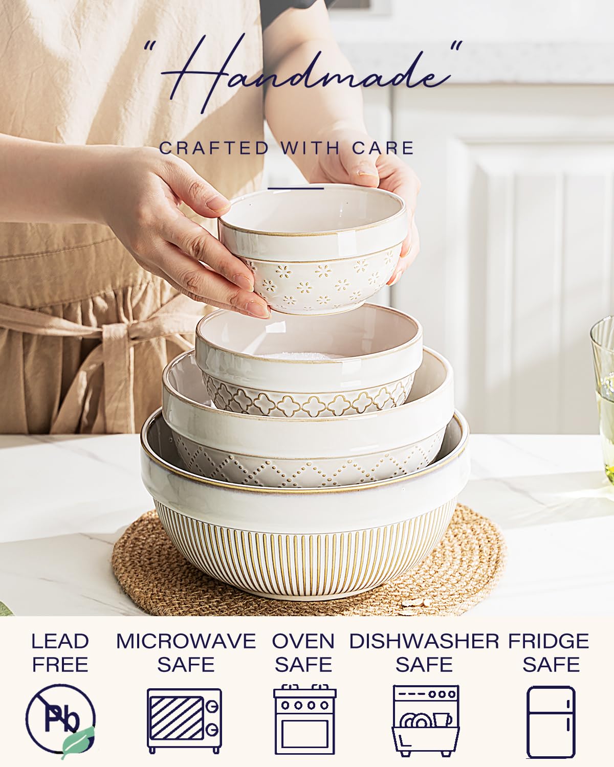 getstar Large Serving Bowls Set of 4, 12/26/42/64 oz Ceramic Stoneware Nesting Bowls Set, Microwave and Dishwasher Safe, Farmhouse Kitchen Versatile Prep Bowls for Fruit Salad Pasta Dessert Cereal