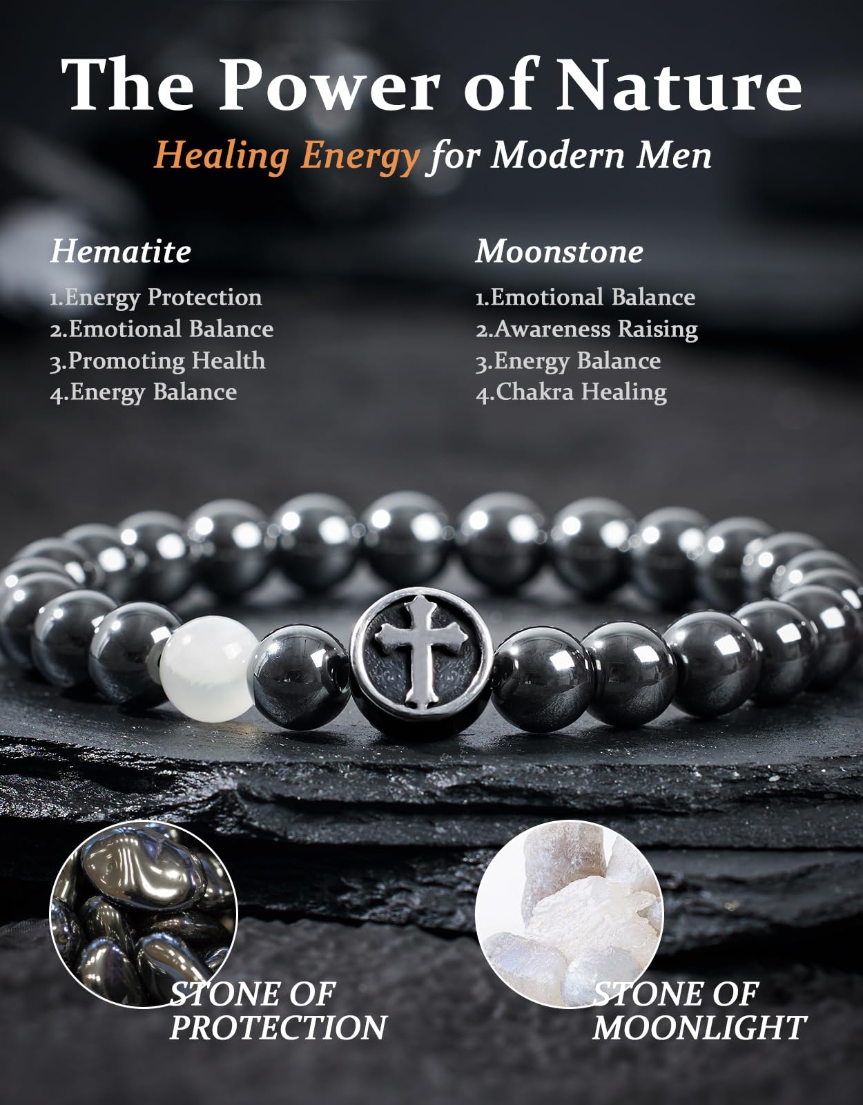 Landorilo Gifts for Men, 8mm Cross Natural Stone Beaded Bracelets, Hematite Healing Bracelet, Handmade Mens Jewelry Gift for Him, Husband, Son, Father, Friend(Happy Birthday-7.5in)