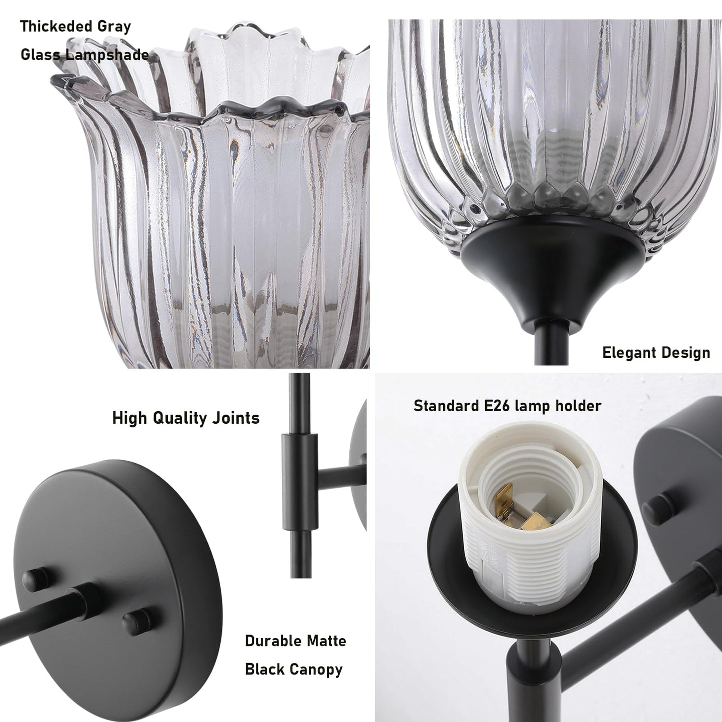 BYOLIIMA Vintage Wall Sconce Set of 2 with Smoke Gray Glass Shades Mid Century Bathroom Vanity Wall Light Fixtures Industrial Matte Black Wall Lamp for Bedroom Mirror Living Room Restaurant