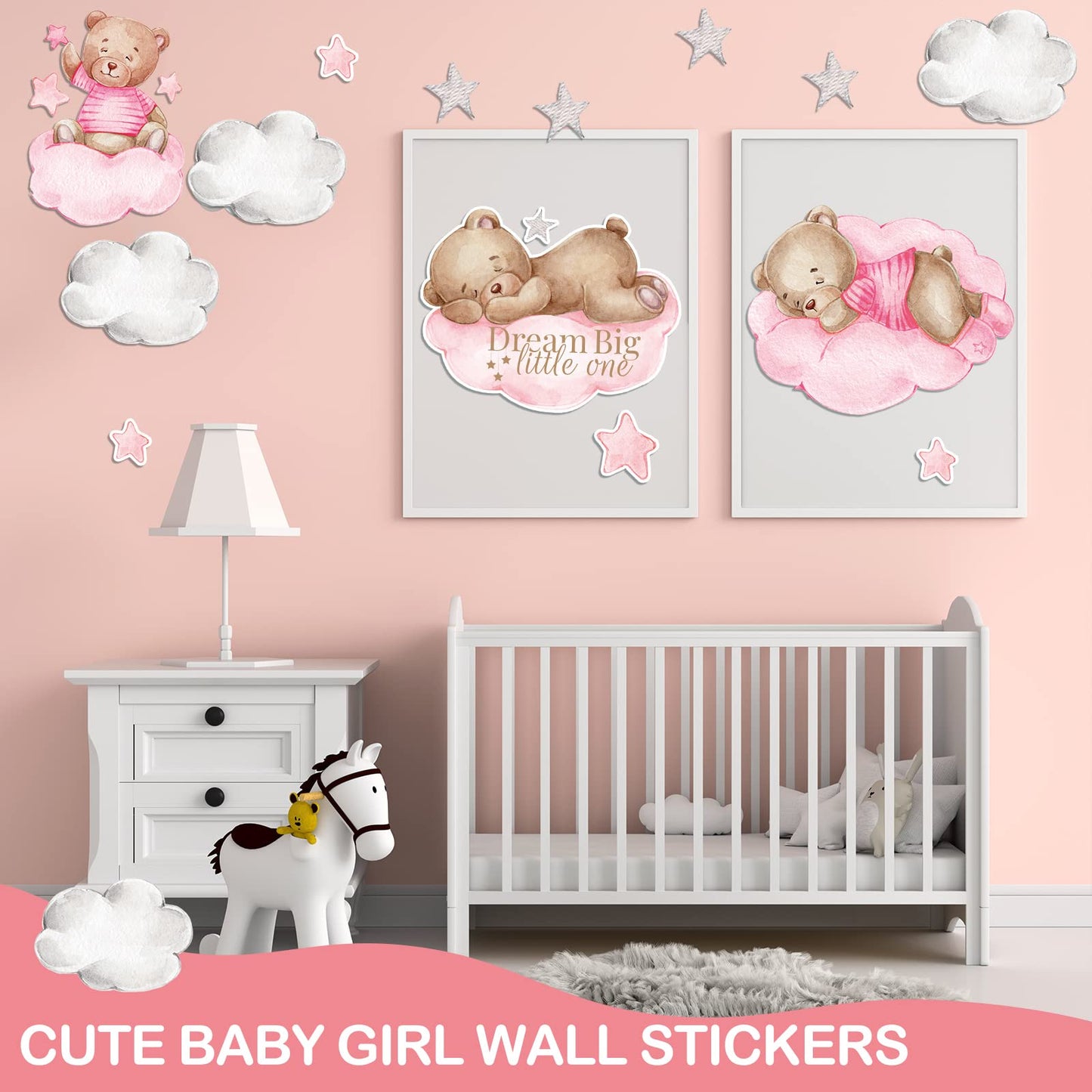 Yinder Pink Bear Wall Decals (12 Sheets, 78 Pcs) - Highland Cow, Clouds, Balloon Decor for Kids Nursery Room, Bedroom, Living Room, Classroom Decor