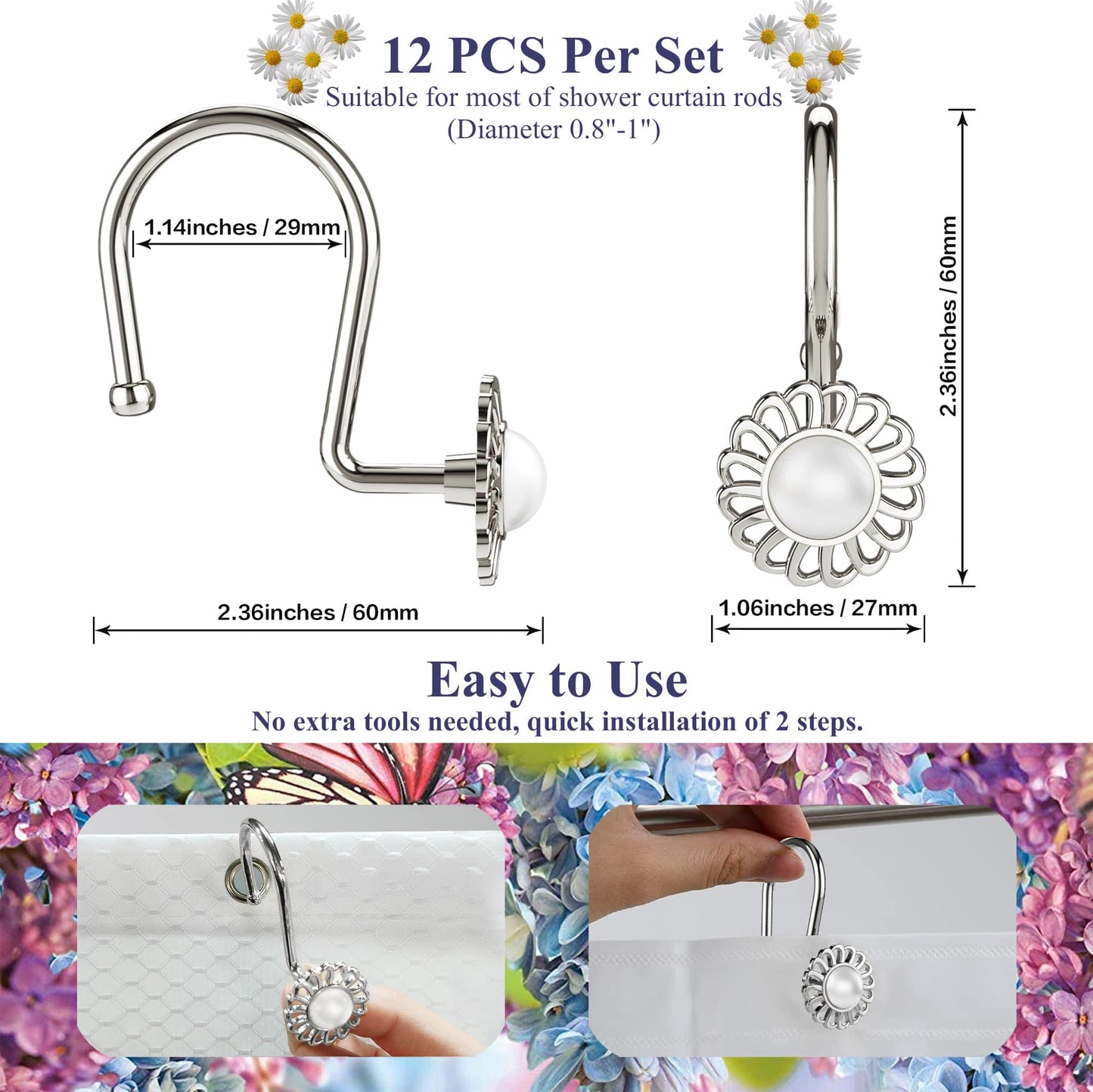 iToplin Nickel Shower Curtain Hooks Rings, Decorative Shower Curtain Hangers, Heavy Duty Metal Shower Rings, Sunflower Shower Hooks for Shower Curtain Rod and Liner, Bathroom Curtain Hooks, Set of 12
