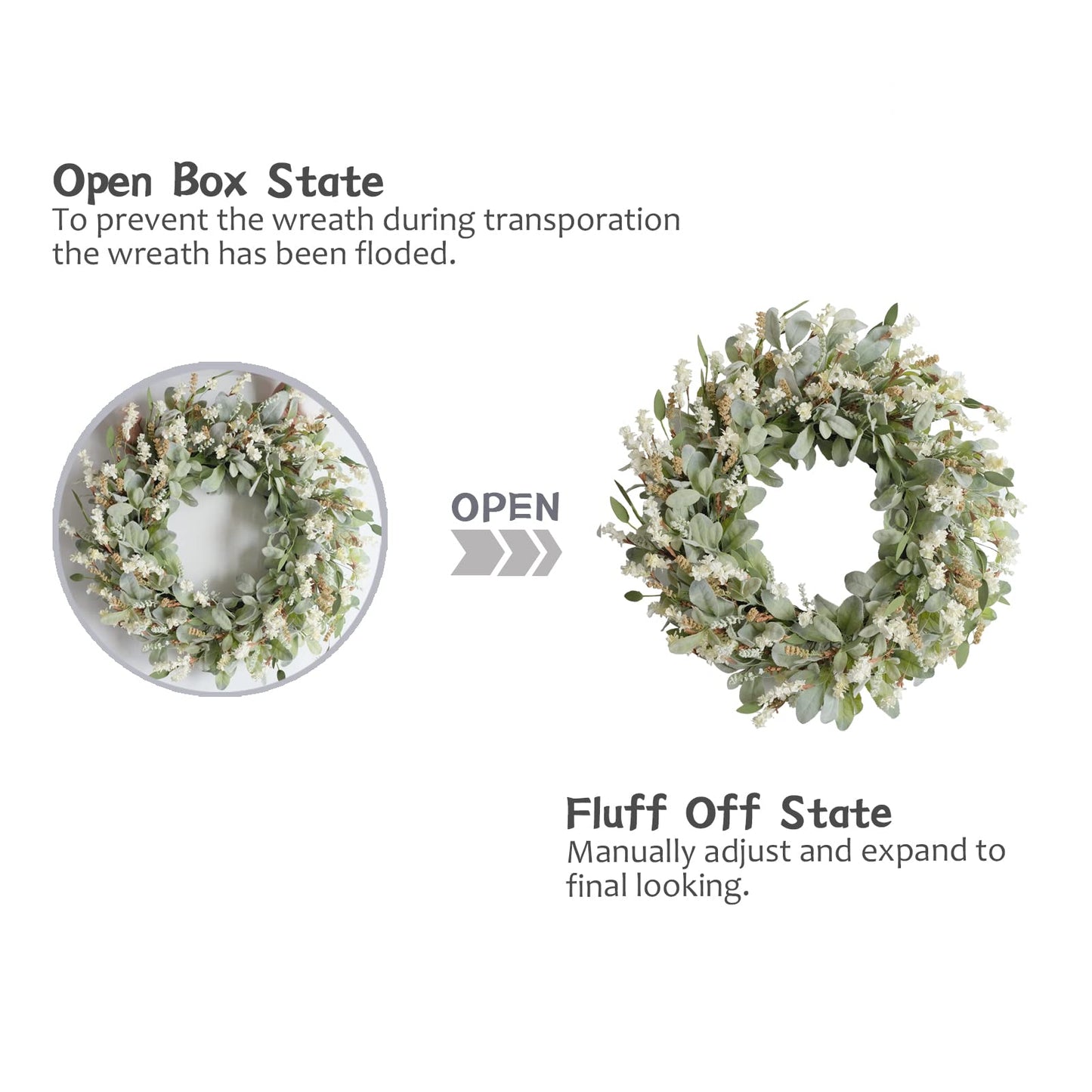 24 Inch Summer Spring Ivory Flowers Wreath for Front Door, Everyday Lamb Ears Leaves Wreath with White Artificial Flower for Indoor and Outdoor, Rustic and Farmhouse Greenery Flower