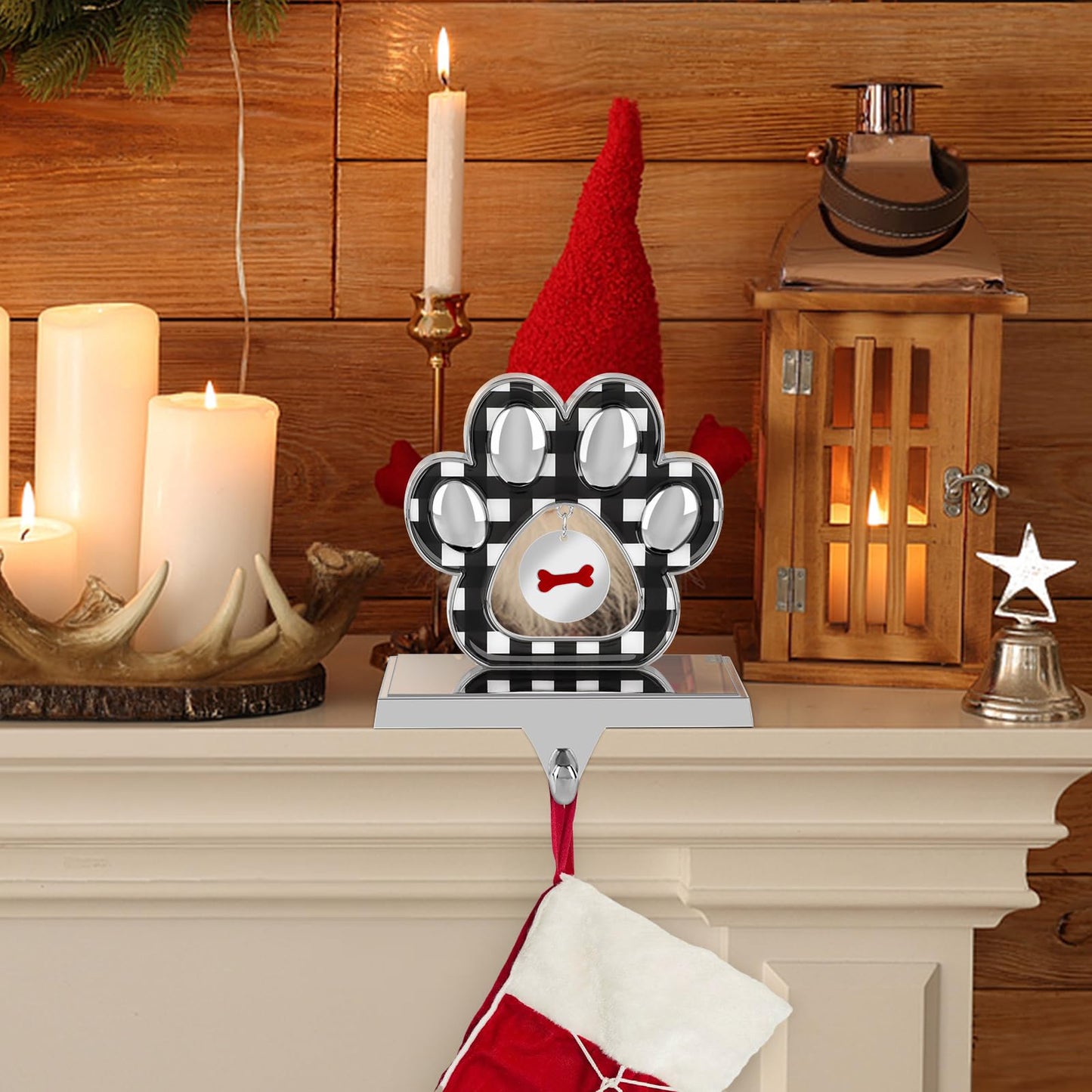 Fowecelt Dog Paw Christmas Stocking Holder with Small Paw Pendant 3D Silver Metal Mantel Black Buffalo Plaid Stocking Hanger for Fireplace Mantel Shelf Stand Table Christmas Decor