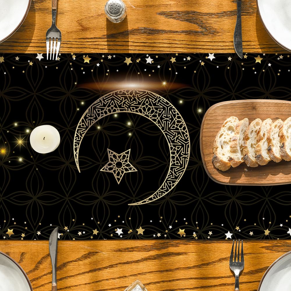 Artoid Mode Black Star Ramadan Moon Table Runner, Seasonal Kitchen Dining Table Decoration for Home Party Decor 13x72 Inch
