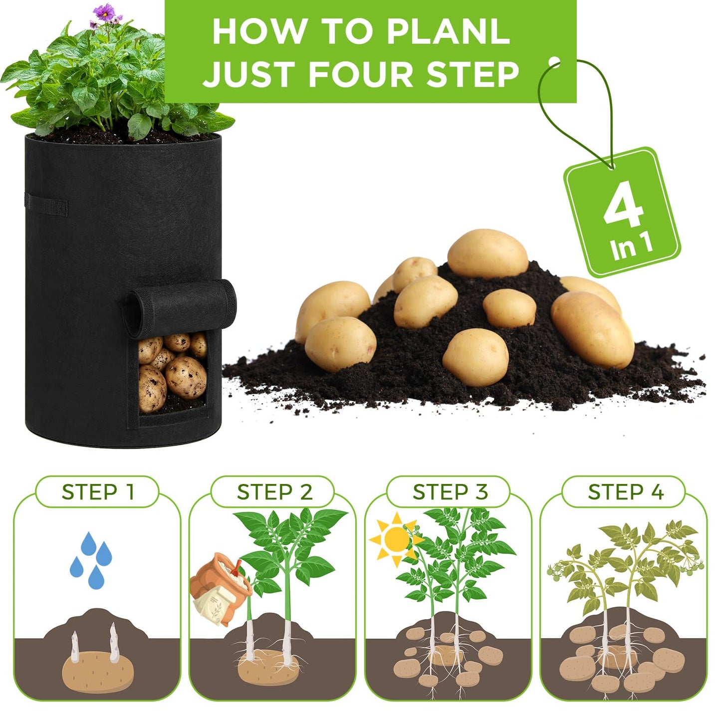 Yoojahow 4 Pack 30 Gallon Potato Grow Bags with Harvest Window, Durable Garden Planter Bags with Handles for Potatoes, Tomatoes, and Vegetables - Indoor & Outdoor Gardening Supplies (Black,Gray)