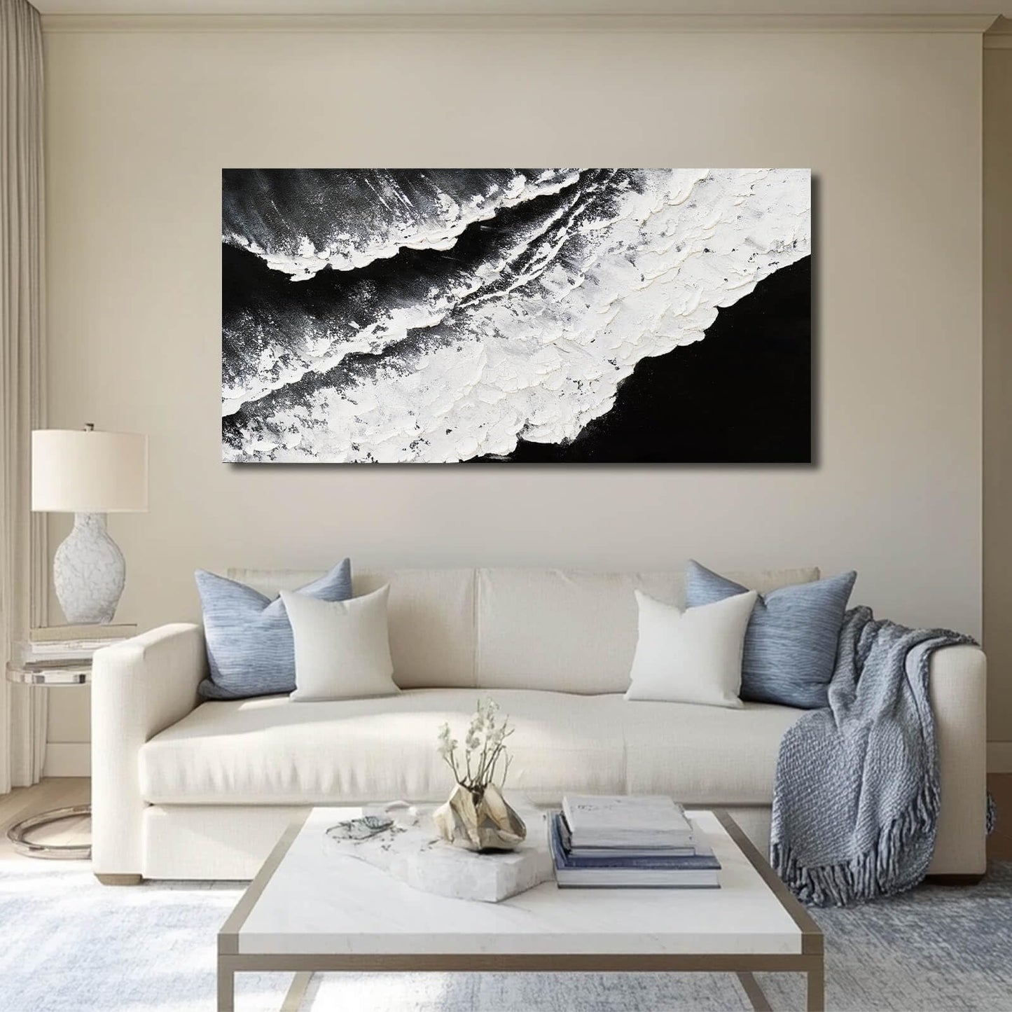 NBAODAN Black and White Wall Decor Sea Canvas Painting Neutral Abstract Wall Picture 24"x48" Artwork for Bedroom Large Wall Art for Living Room Dining Room
