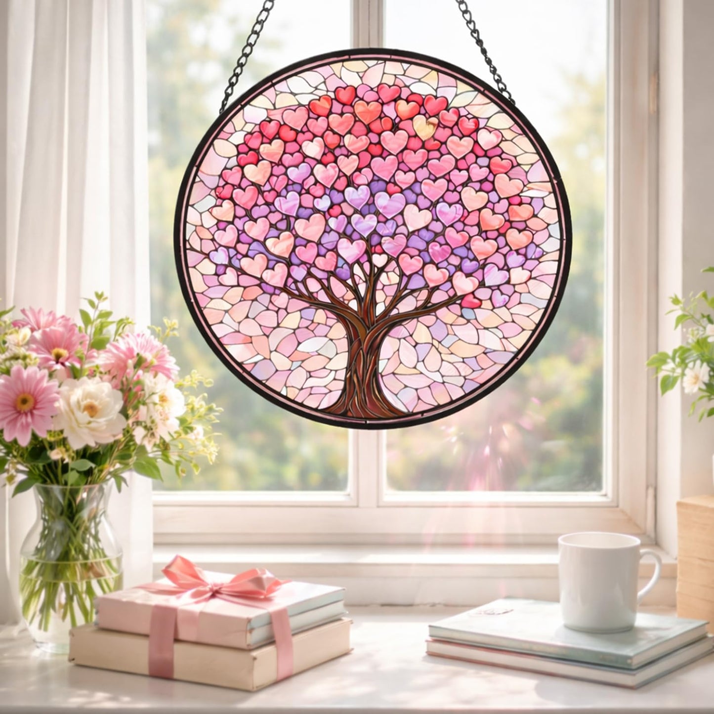 Round Heart Tree Stained Glass Style Suncatcher Pink and Purple Love Tree Window Hanging Decorative Sun Catcher Panel for Home Decor Mothers Day Valentines Day Gift 6.3Inch