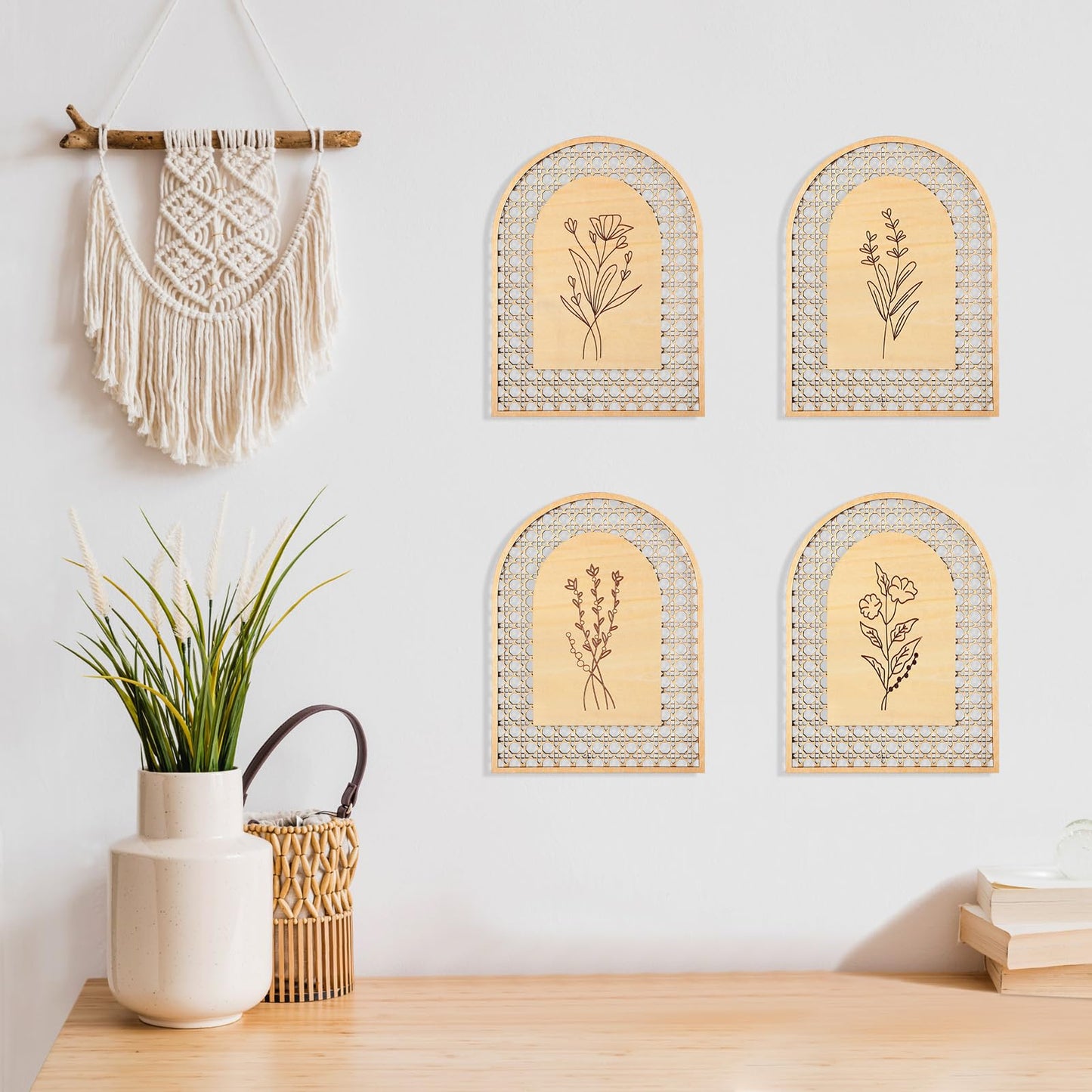Wesiti 4 Pcs Rattan Wooden Boho Wall Decor Floral Natural Room Wall Art Aesthetic Nursery Farmhouse Hanging Decor for Bedroom Living Room Office