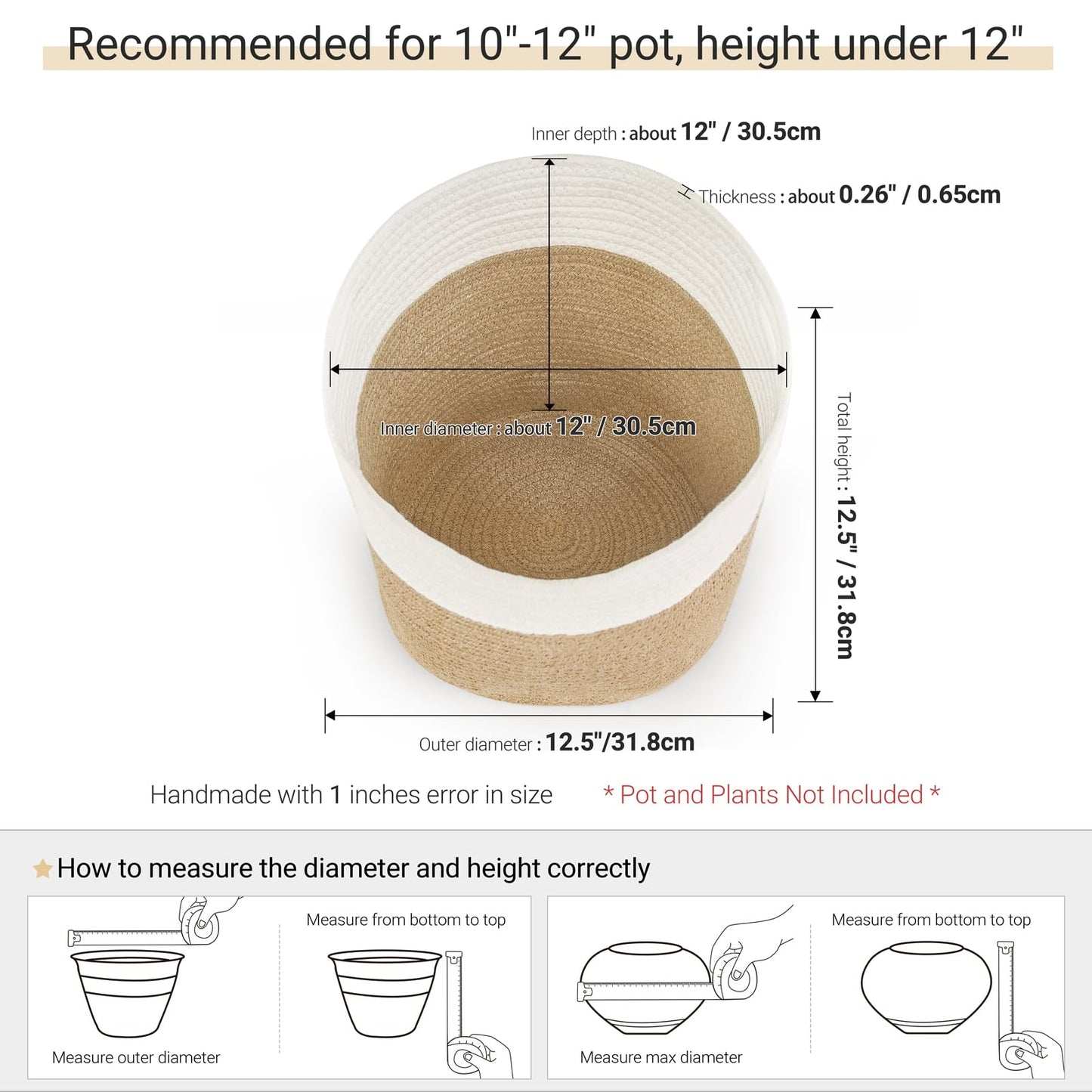 Dahey Jute Spliced Cotton Rope Plant Basket Modern Woven Storage Basket for 12" Floor Indoor Planter, Decorative Flower Pots Cover Laundry Bin with Handle Rustic Home Decor, White and Beige