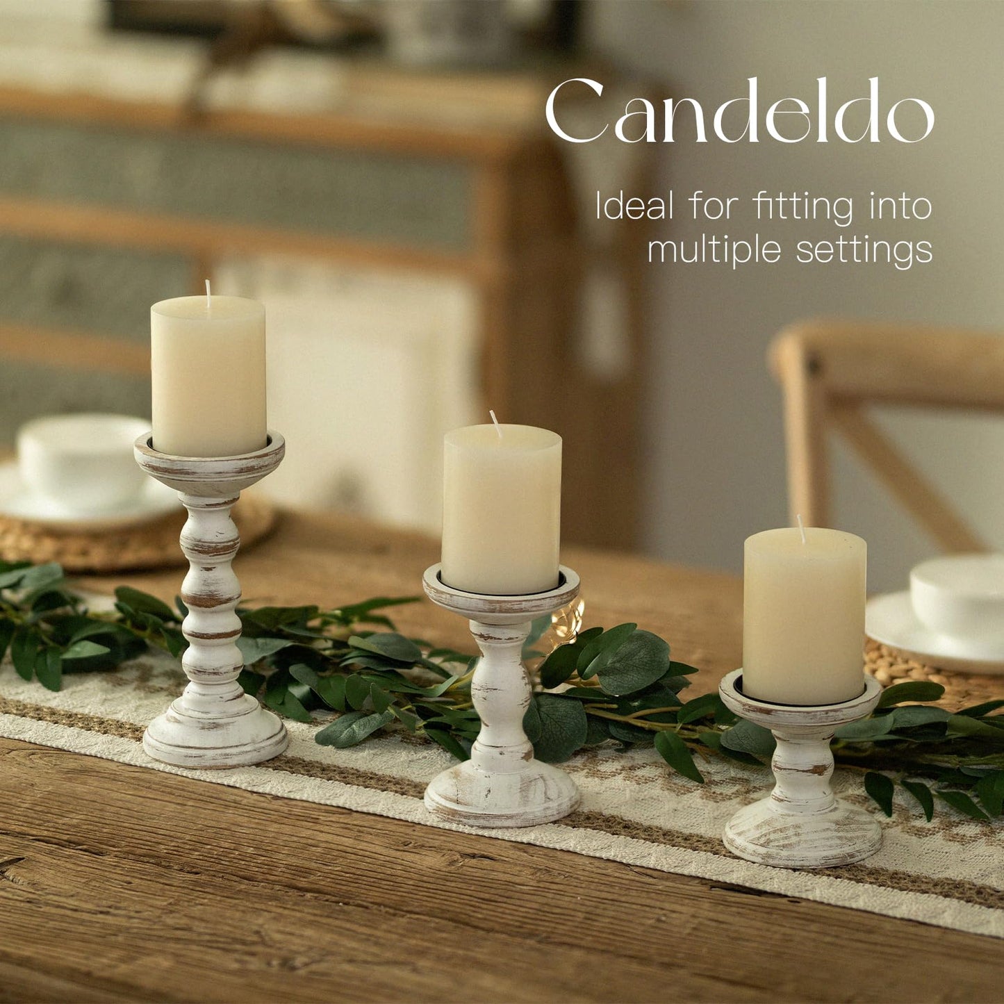 Candeldo Wood Candle Holders for Pillar: Rustic Candles Holder Set of 3 Tall Table Centerpiece Shabby Chic Decor Wooden White Farmhouse Decorations for Fireplace Mantle